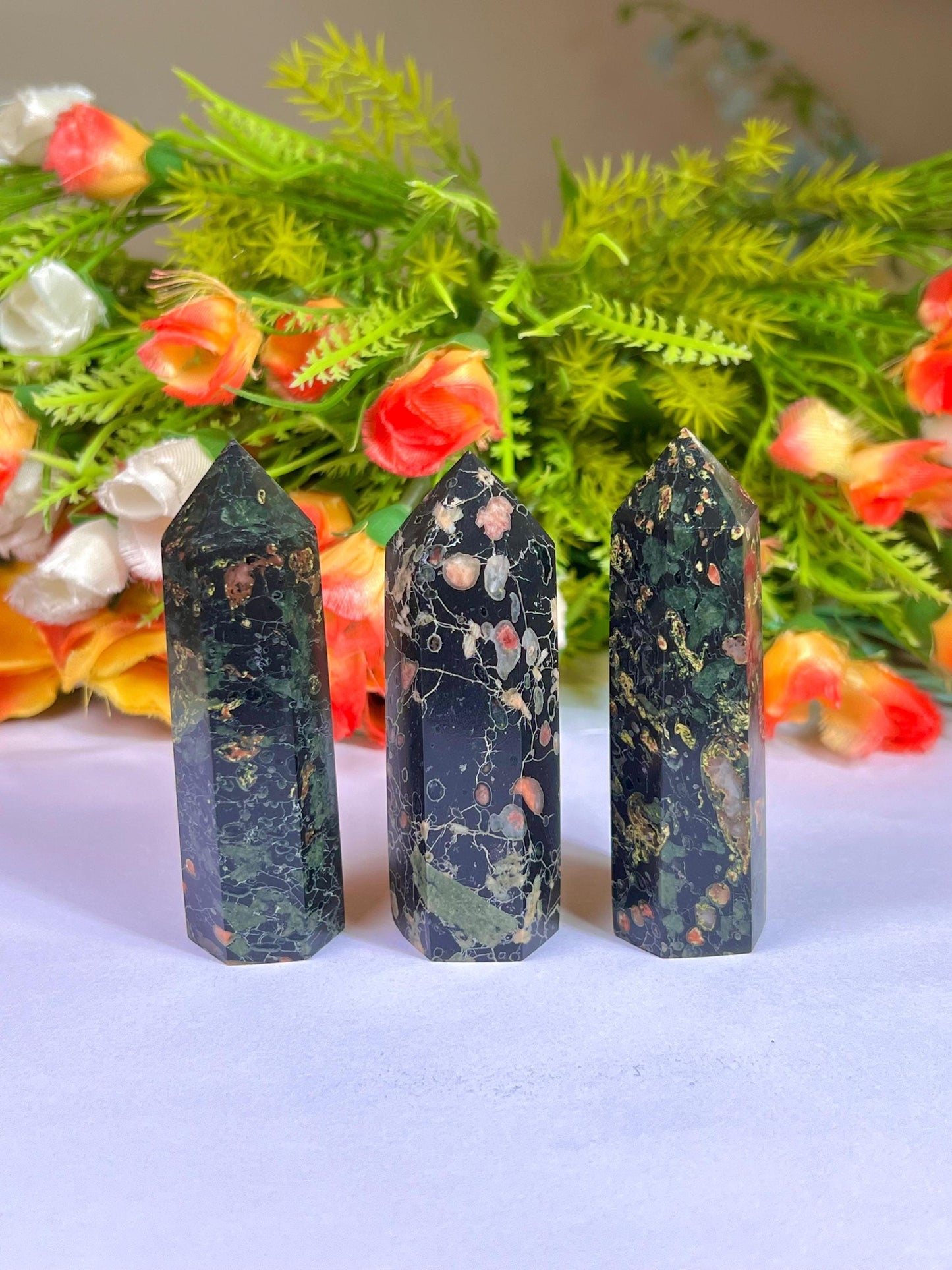 Plum Blossom Jasper Stone Tower Pencil Point Generator-Gemstone Pencil Crystal Tower Wand Stone Obelisk -Home Car Decor Decoration 3" To 4"