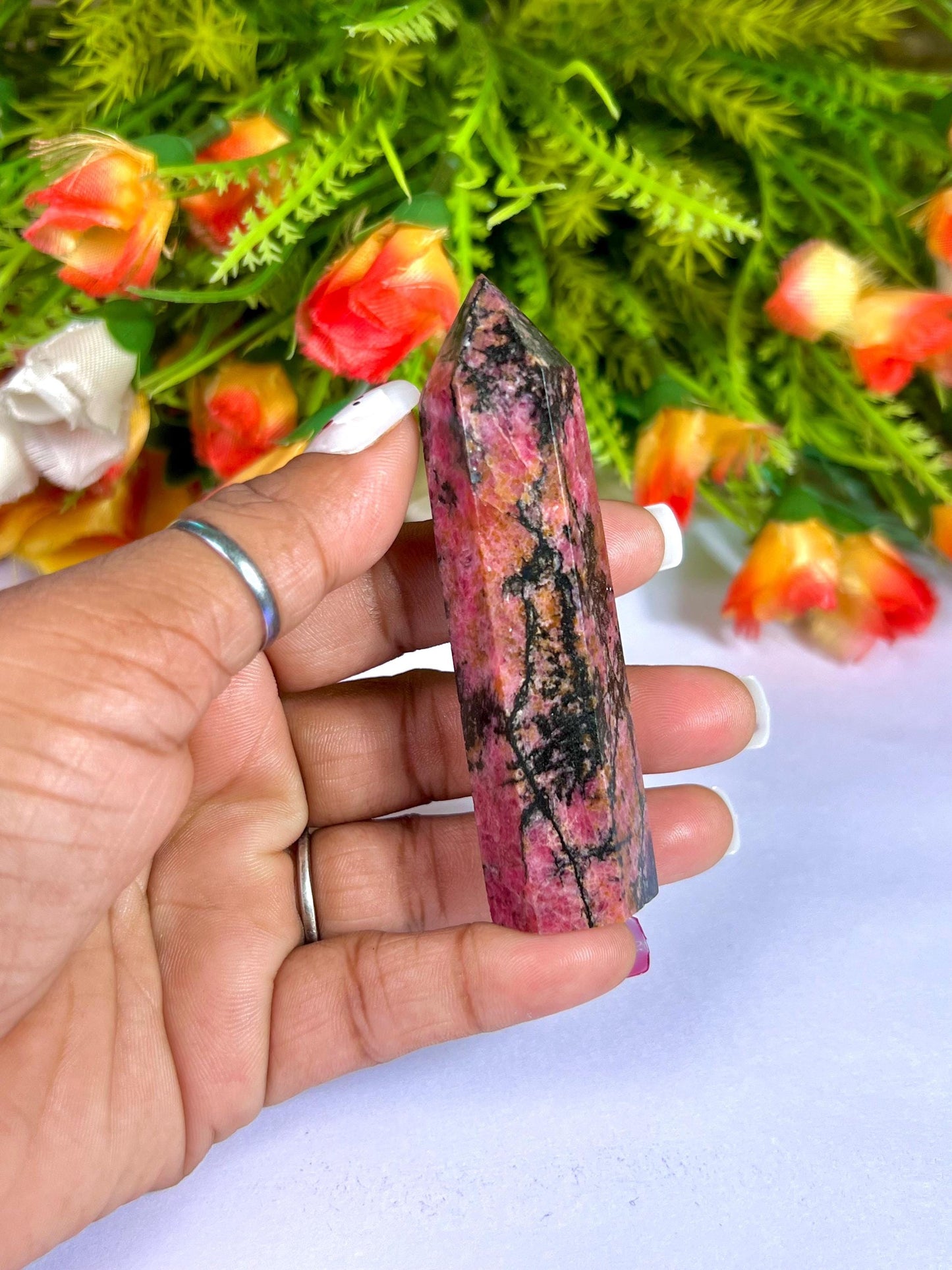 Rhodonite Stone Tower Pencil Point Generator-Gemstone Pencil Crystal Tower Wand Stone Obelisk -Home Car Decor Decoration 3" To 4"