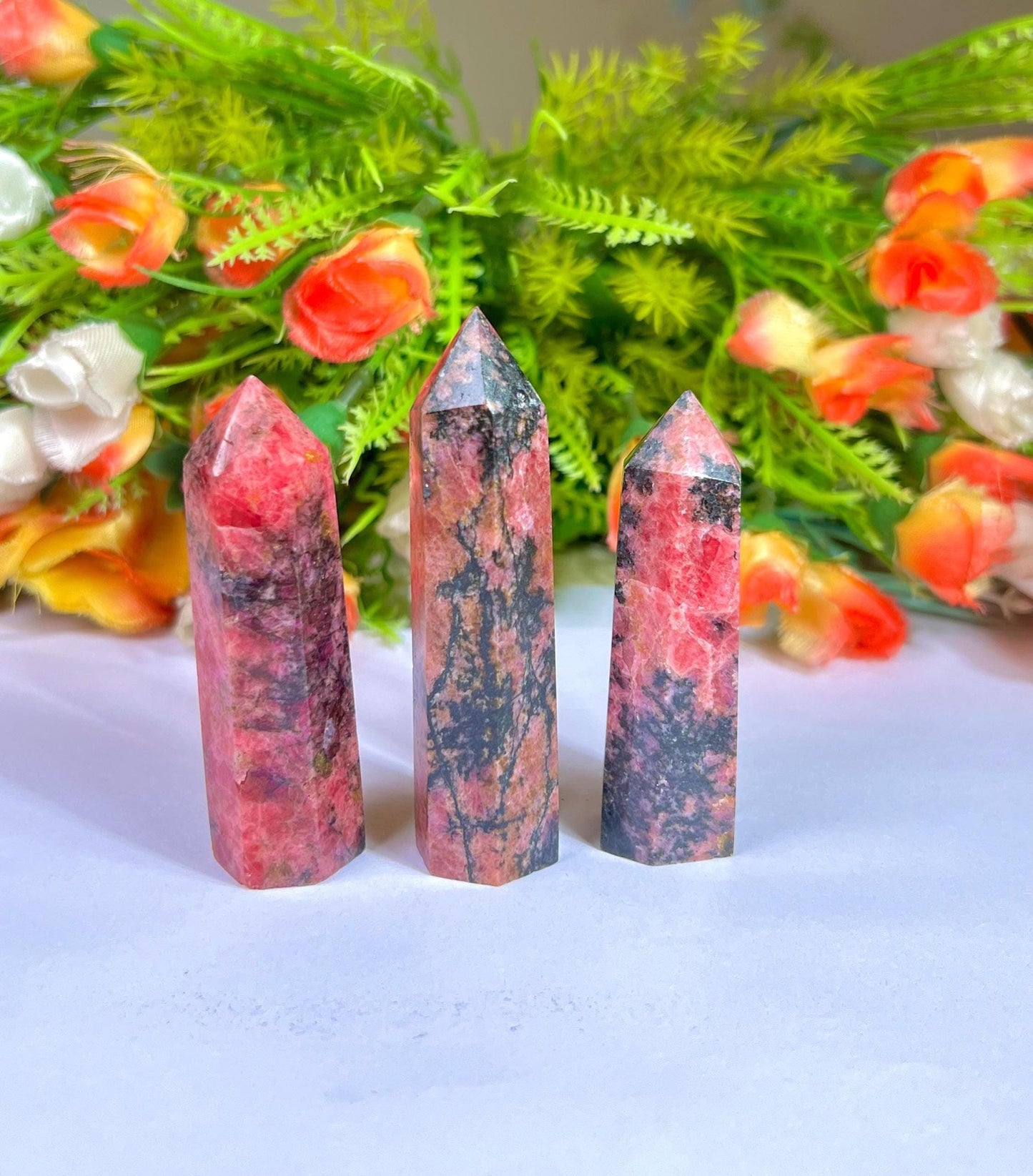 Rhodonite Stone Tower Pencil Point Generator-Gemstone Pencil Crystal Tower Wand Stone Obelisk -Home Car Decor Decoration 3" To 4"