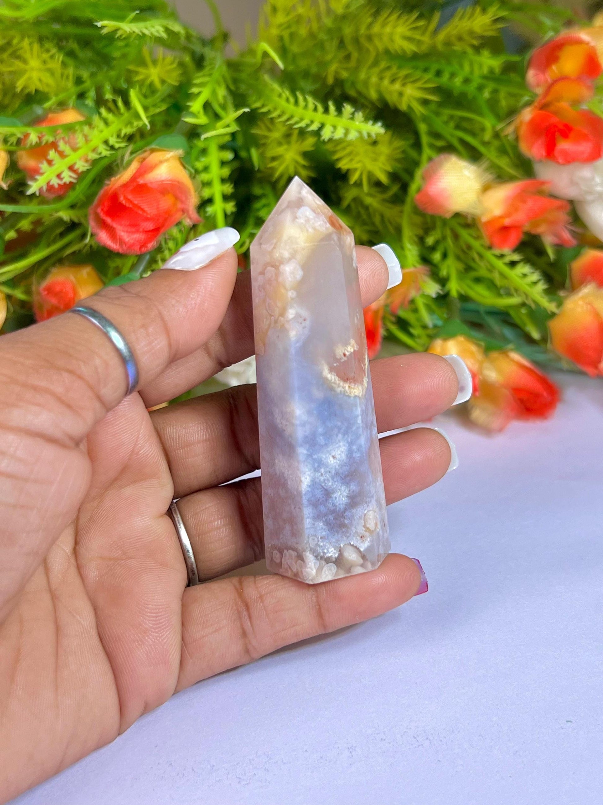 Pink Flower Agate Stone Tower Pencil Point Generator-Gemstone Pencil Crystal Tower Wand Stone Obelisk -Home Car Decor Decoration 3" To 4"
