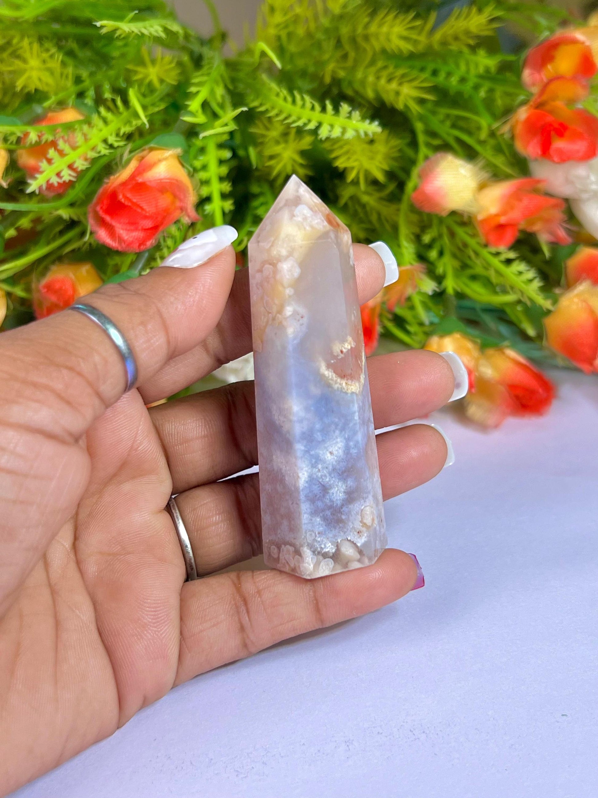 Pink Flower Agate Stone Tower Pencil Point Generator-Gemstone Pencil Crystal Tower Wand Stone Obelisk -Home Car Decor Decoration 2" To 3"