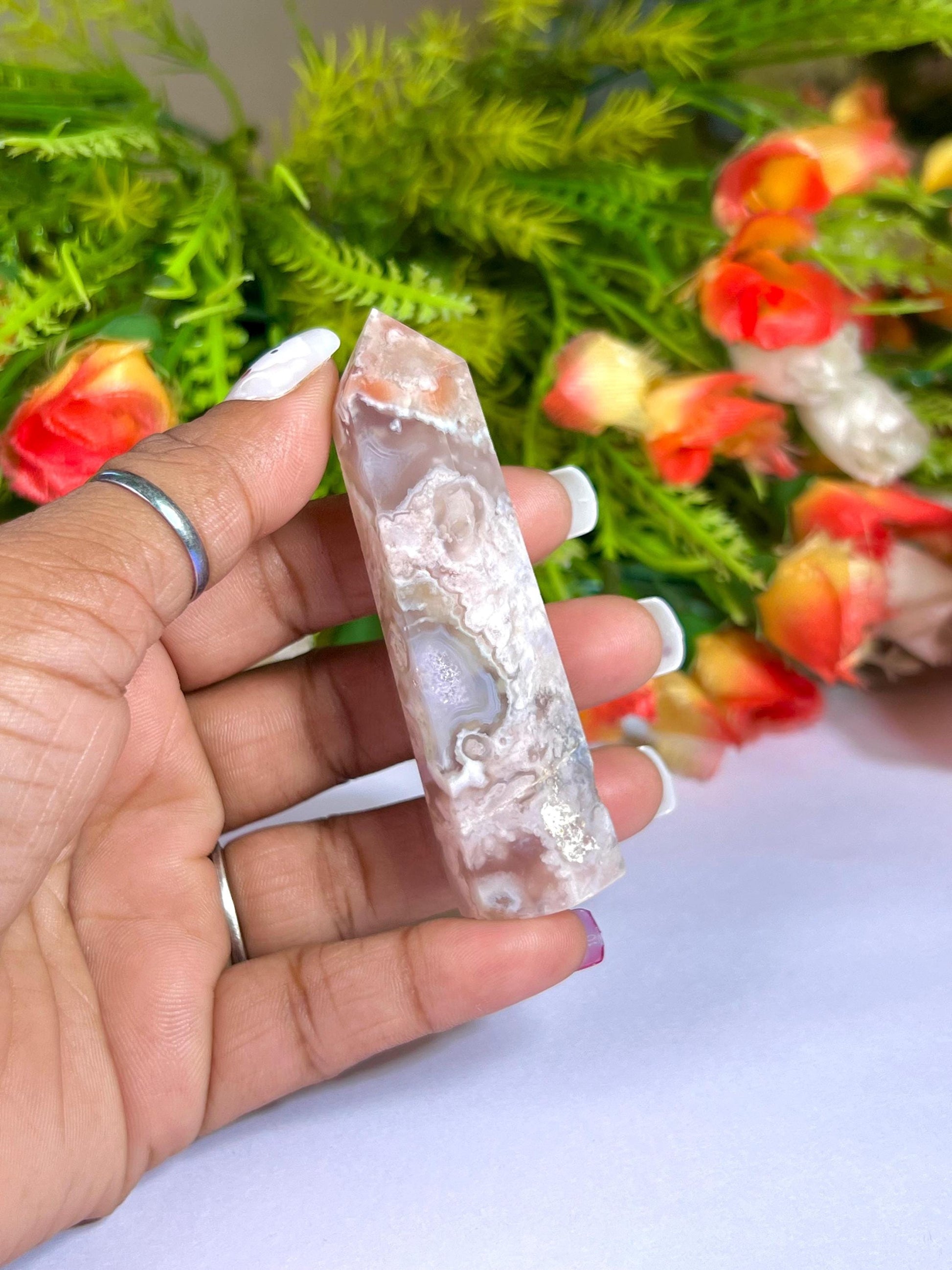 Pink Flower Agate Stone Tower Pencil Point Generator-Gemstone Pencil Crystal Tower Wand Stone Obelisk -Home Car Decor Decoration 3" To 4"