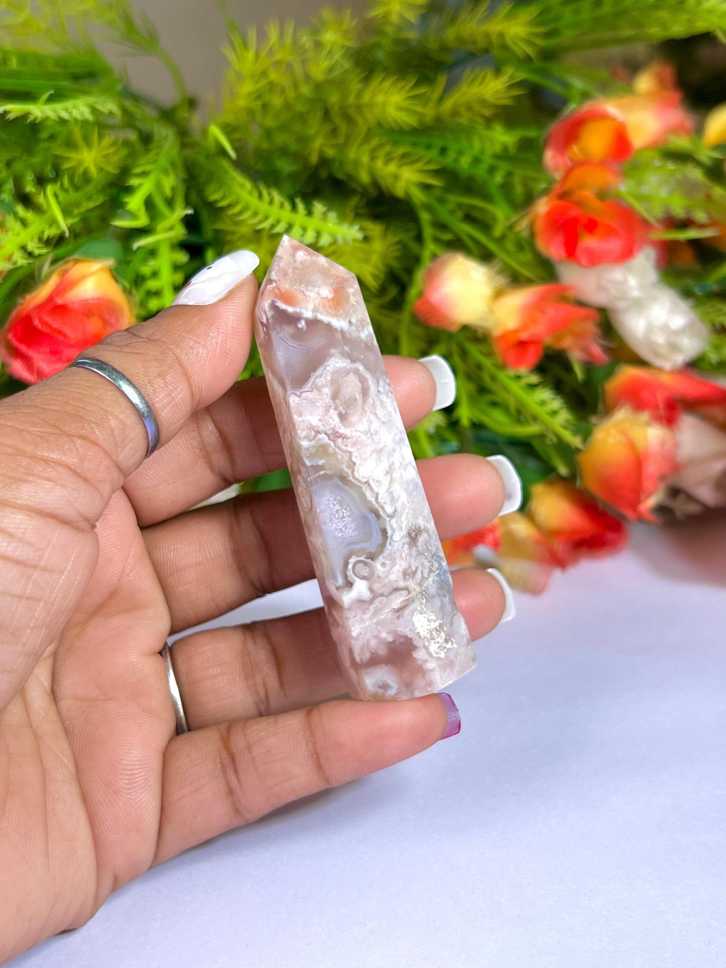 Pink Flower Agate Stone Tower Pencil Point Generator-Gemstone Pencil Crystal Tower Wand Stone Obelisk -Home Car Decor Decoration 2" To 3"