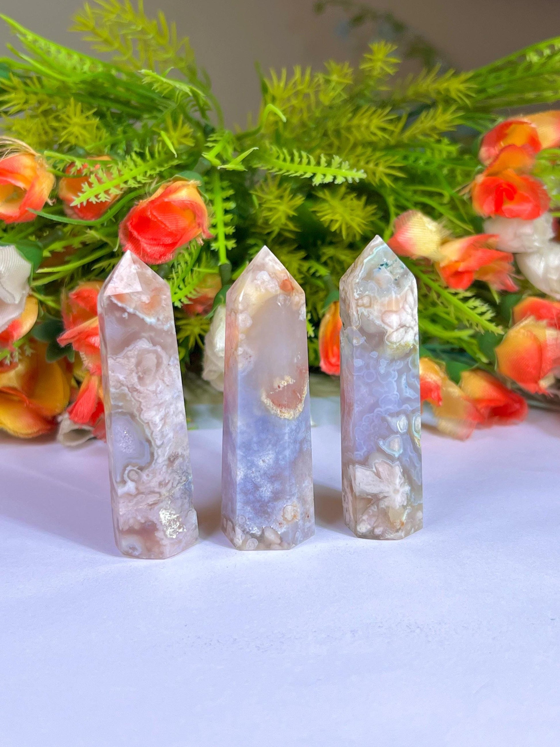 Pink Flower Agate Stone Tower Pencil Point Generator-Gemstone Pencil Crystal Tower Wand Stone Obelisk -Home Car Decor Decoration 3" To 4"