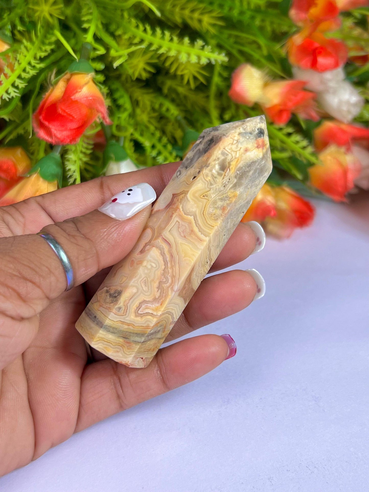 Crazy Lace Agate Stone Tower Pencil Point Generator-Gemstone Pencil Crystal Tower Wand Stone Obelisk -Home Car Decor Decoration 3" To 4"