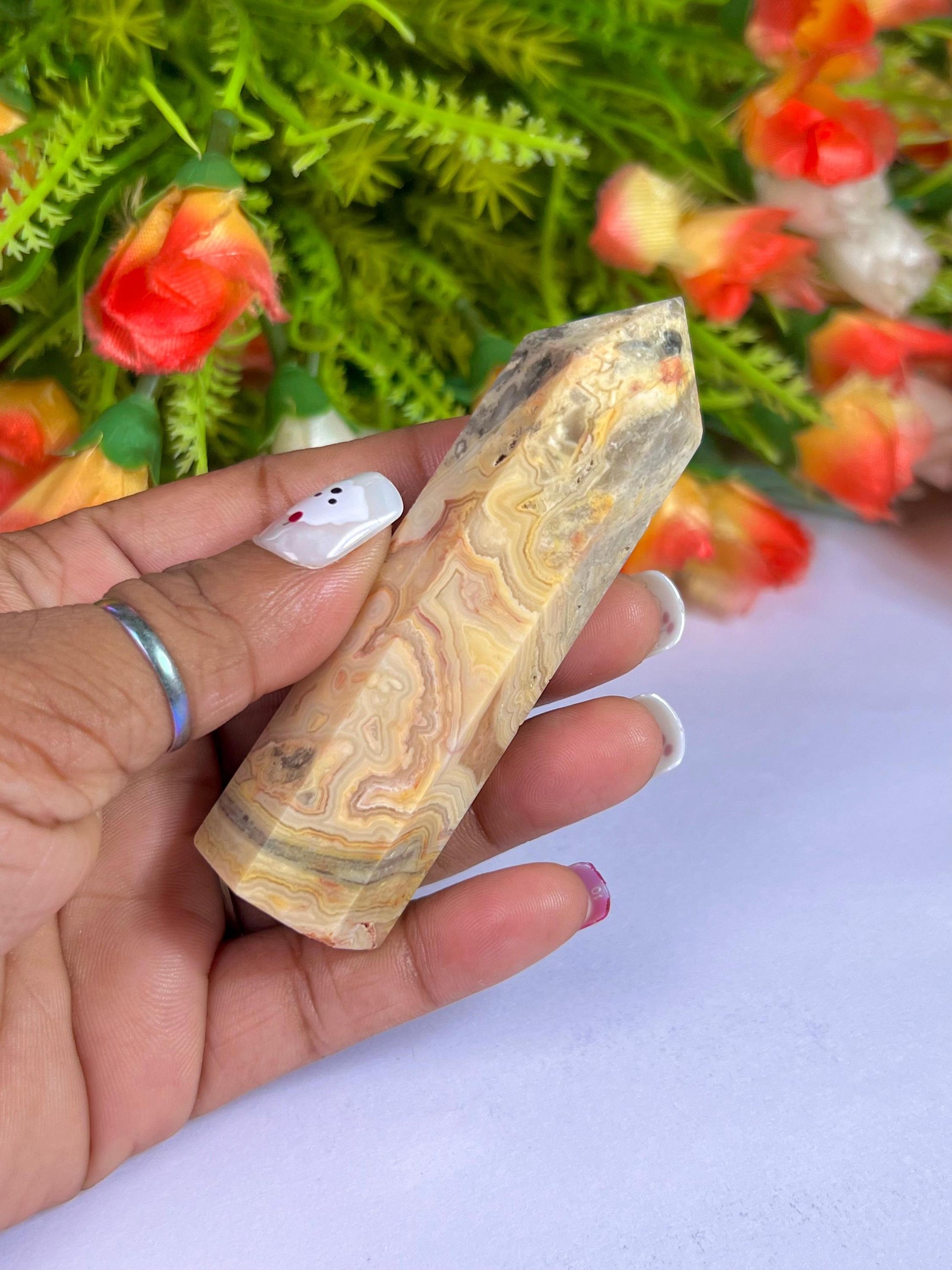 Crazy Lace Agate Stone Tower Pencil Point Generator-Gemstone Pencil Crystal Tower Wand Stone Obelisk -Home Car Decor Decoration 3" To 4"