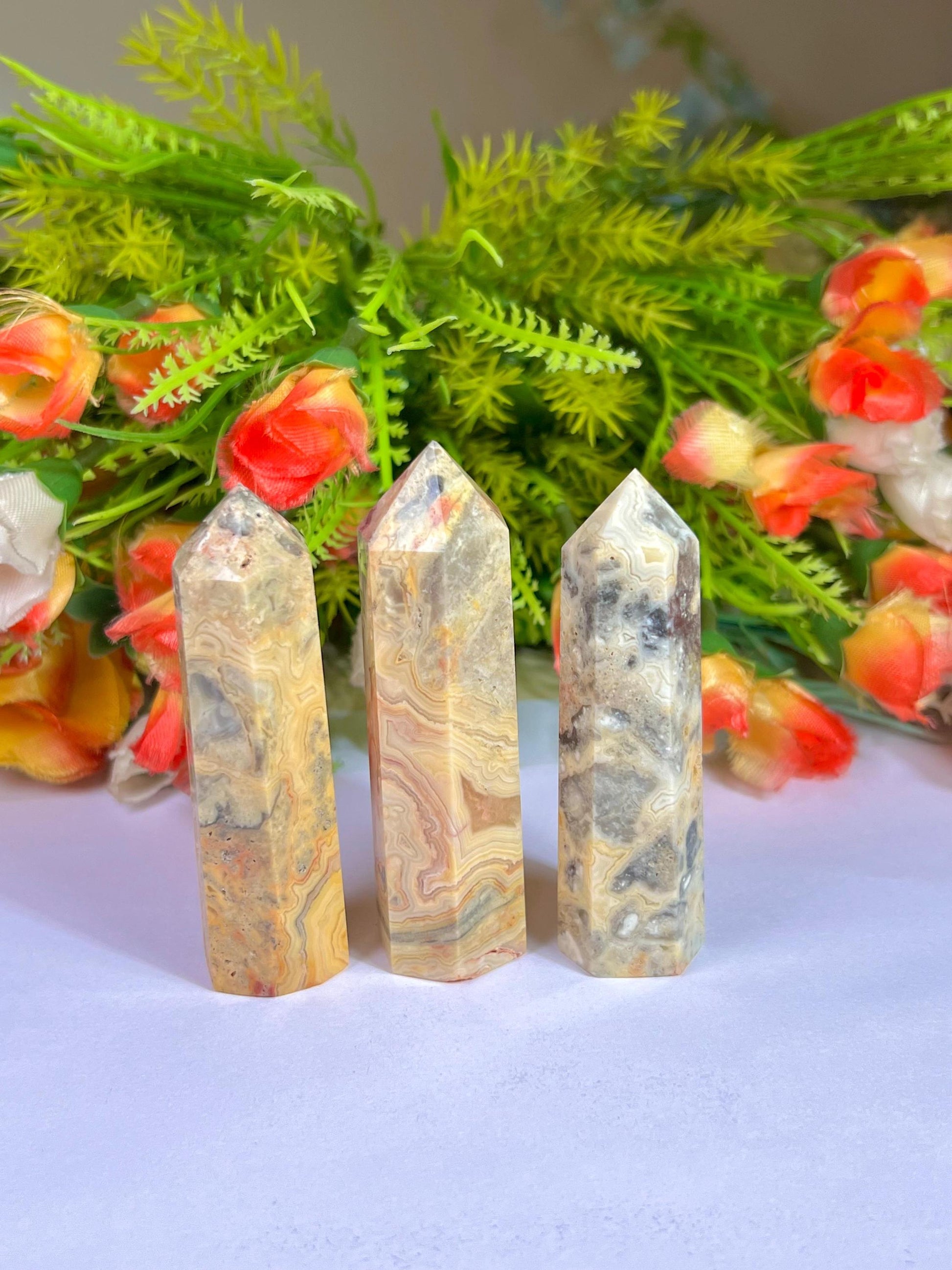 Crazy Lace Agate Stone Tower Pencil Point Generator-Gemstone Pencil Crystal Tower Wand Stone Obelisk -Home Car Decor Decoration 3" To 4"