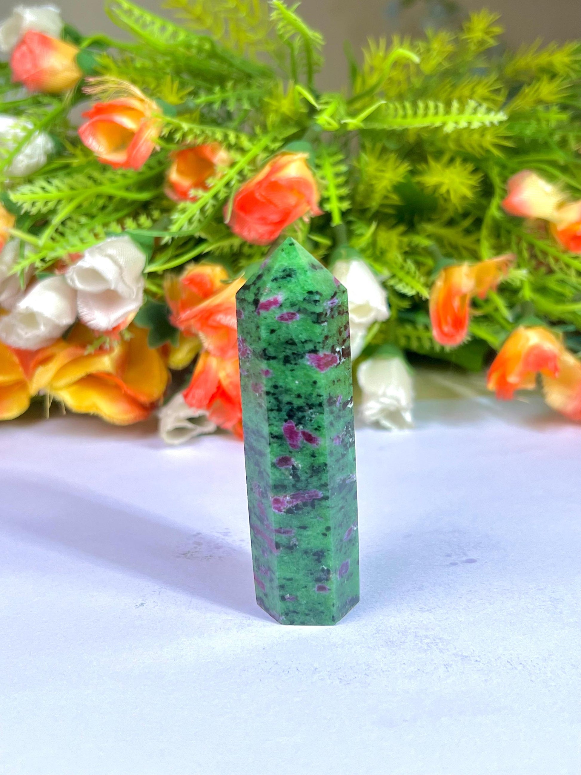 African Ruby Zoisite Stone Tower Pencil Point Generator-Gemstone Pencil Crystal Tower Wand Stone Obelisk -Home Car Decor Decoration 3" To 4"