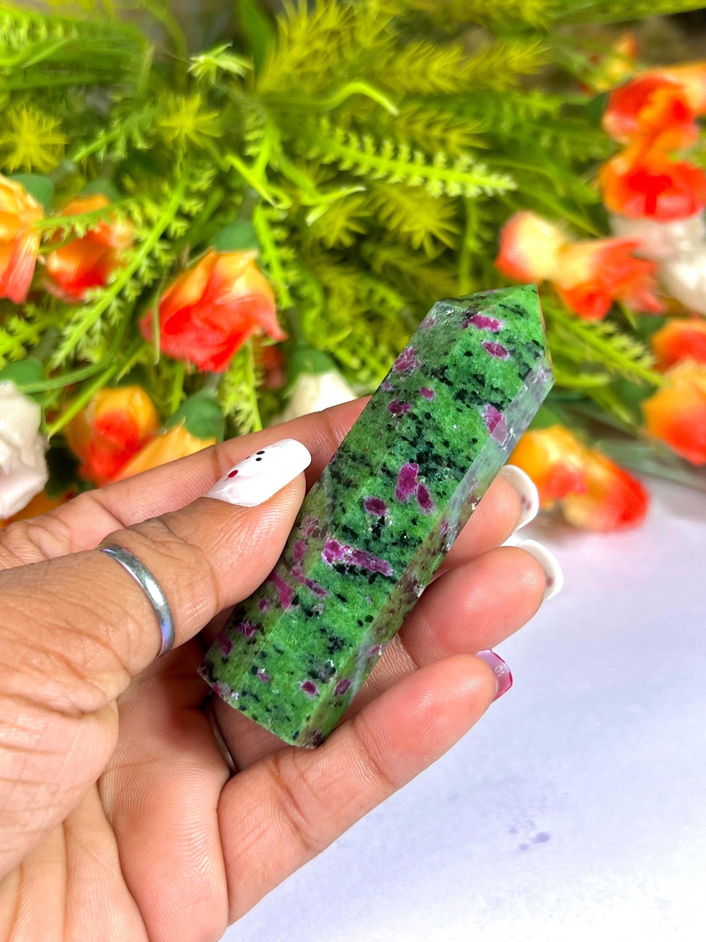 African Ruby Zoisite Stone Tower Pencil Point Generator-Gemstone Pencil Crystal Tower Wand Stone Obelisk -Home Car Decor Decoration 3" To 4"