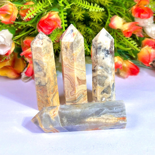 Crazy Lace Agate Stone Tower Pencil Point Generator-Gemstone Pencil Crystal Tower Wand Stone Obelisk -Home Car Decor Decoration 3" To 4"
