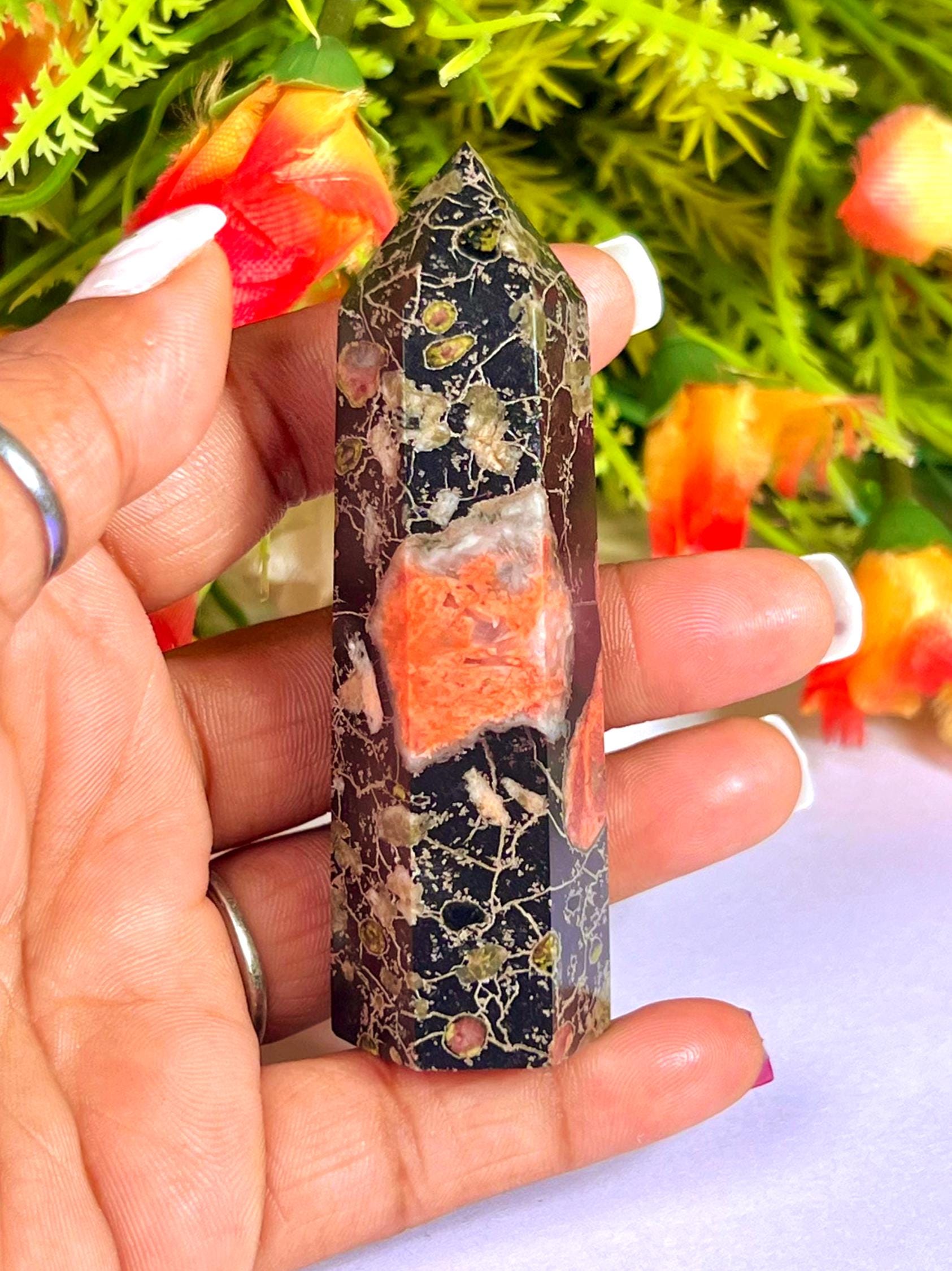 Plum Blossom Jasper Stone Tower Pencil Point Generator-Gemstone Pencil Crystal Tower Wand Stone Obelisk -Home Car Decor Decoration 3" To 4"