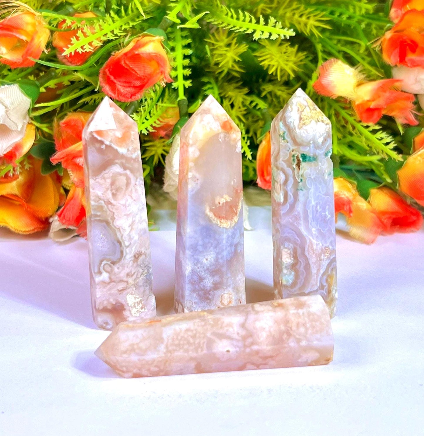 Pink Flower Agate Stone Tower Pencil Point Generator-Gemstone Pencil Crystal Tower Wand Stone Obelisk -Home Car Decor Decoration 3" To 4"