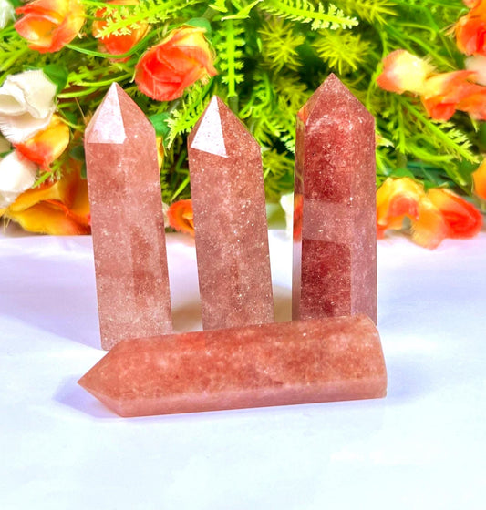 Strawberry Quartz Stone Tower Pencil Point Generator-Gemstone Pencil Crystal Tower Wand Stone Obelisk -Home Car Decor Decoration 3" To 4"