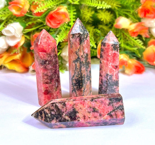 Rhodonite Stone Tower Pencil Point Generator-Gemstone Pencil Crystal Tower Wand Stone Obelisk -Home Car Decor Decoration 3" To 4"