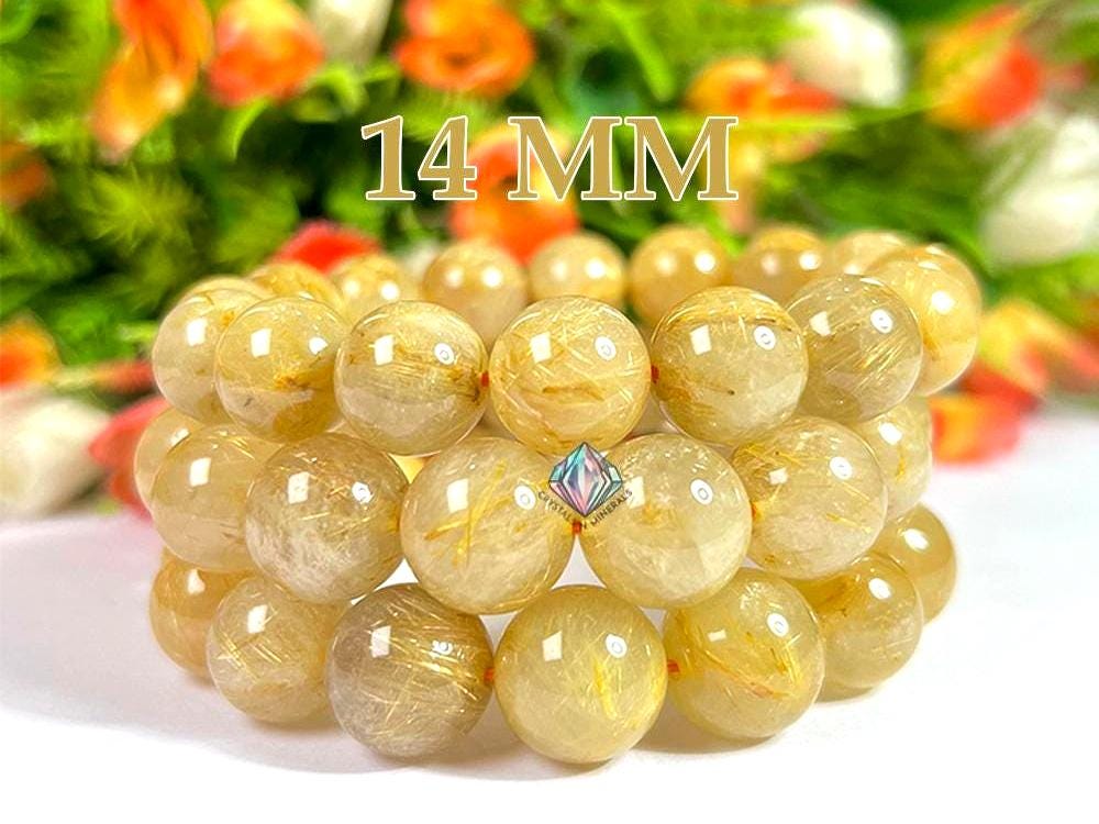 14 MM Golden Rutilated Quartz Stone Bracelet l Stretchable Bracelet l Unisex Bracelet