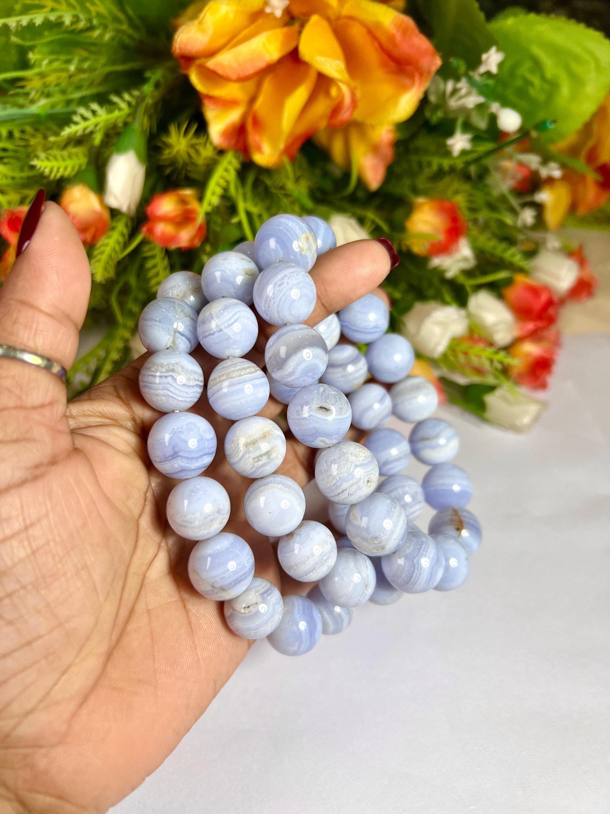 14 MM Blue Lace Agate Stone Bracelet l Stretchable Bracelet l Unisex Bracelet