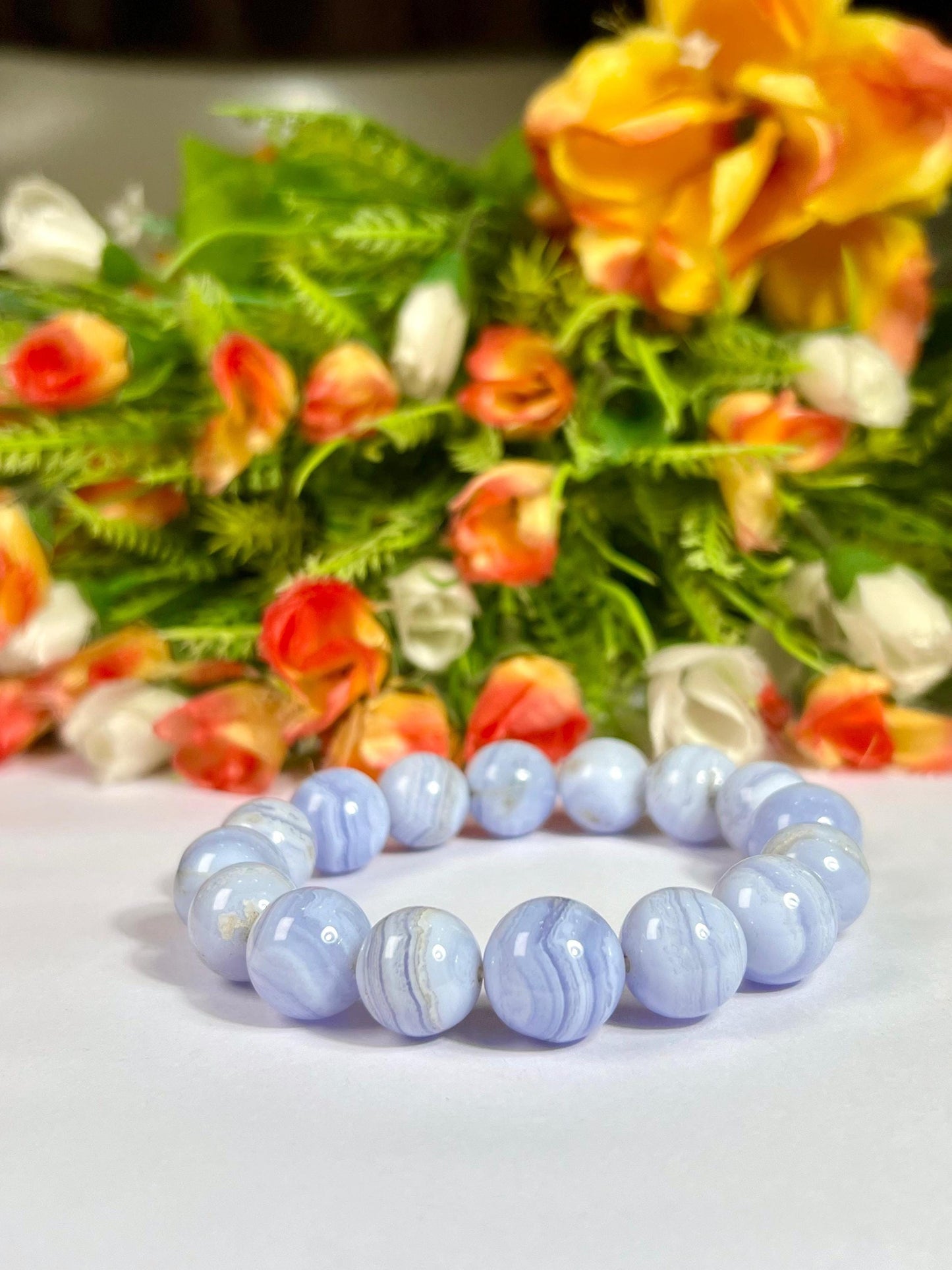 14 MM Blue Lace Agate Stone Bracelet l Stretchable Bracelet l Unisex Bracelet