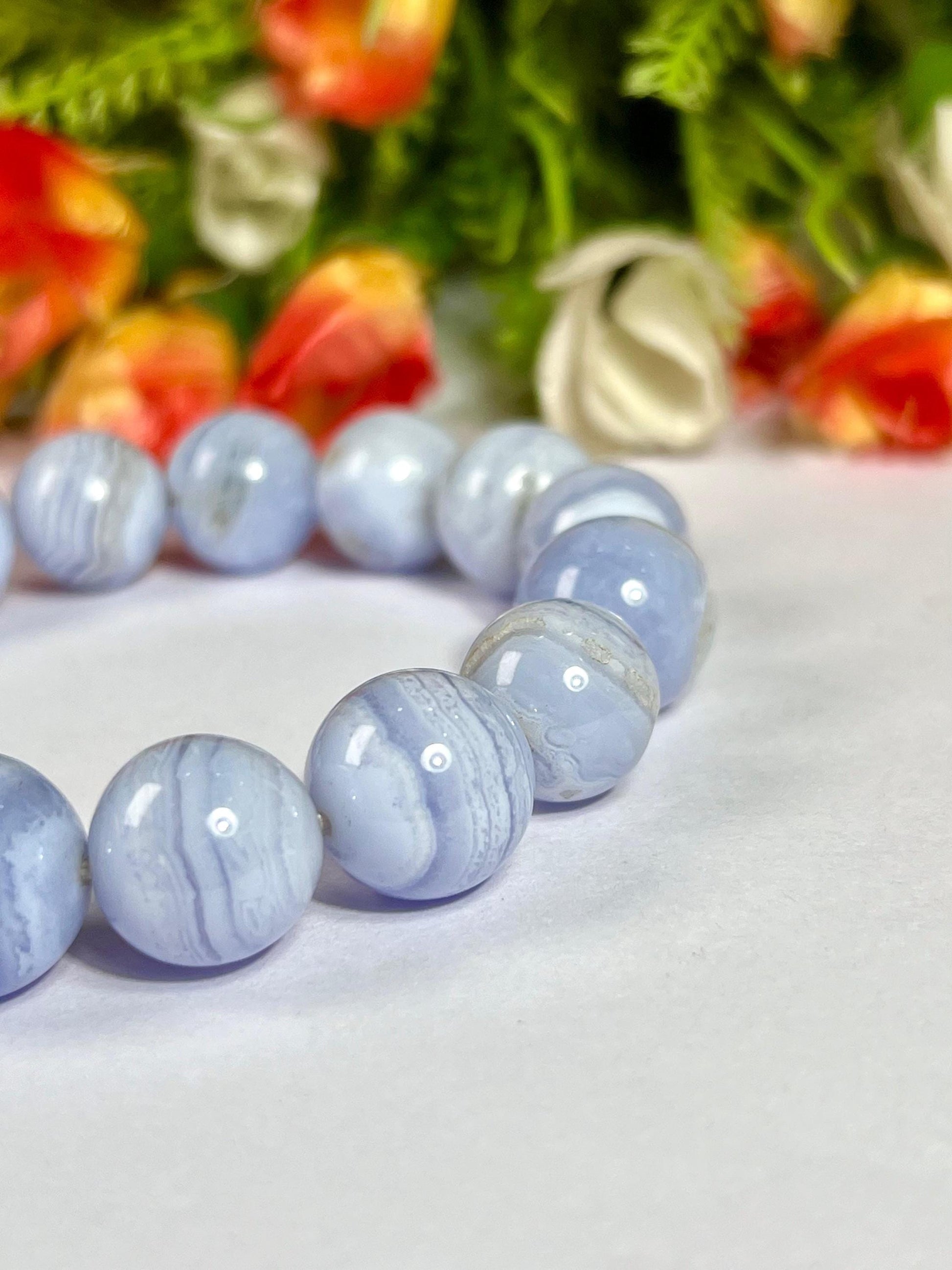 14 MM Blue Lace Agate Stone Bracelet l Stretchable Bracelet l Unisex Bracelet