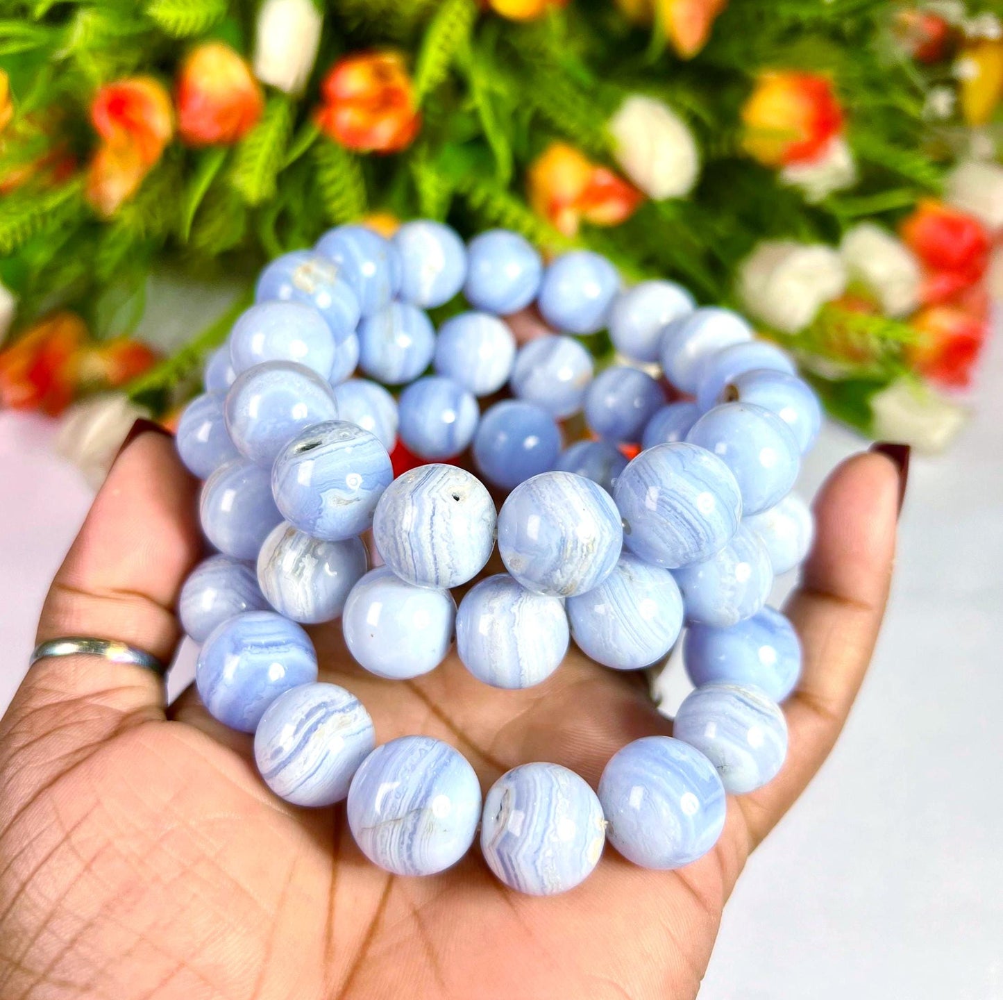14 MM Blue Lace Agate Stone Bracelet l Stretchable Bracelet l Unisex Bracelet