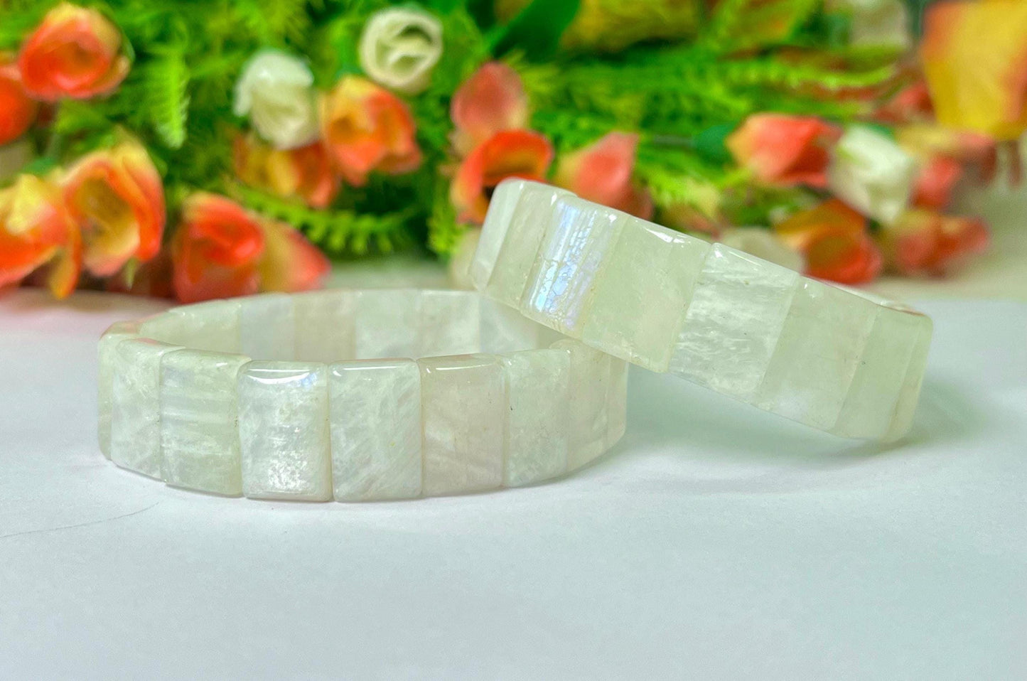 16 MM Rainbow Moonstone Stone Bengal Bracelet l Stretchable Bracelet l Unisex Bracelet AAAAA