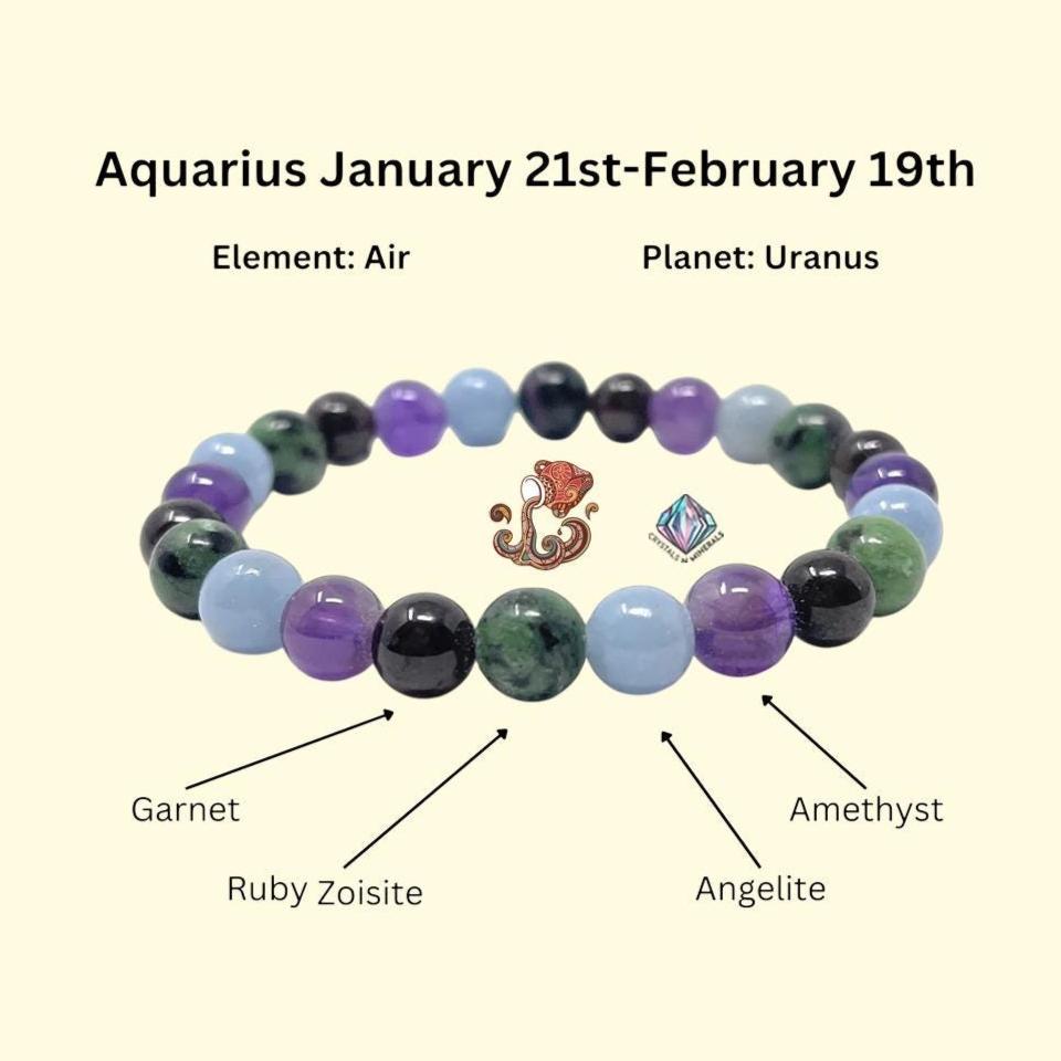 Aquarius Zodiac Sign Stone Bracelet Planet Uranus Bracelet Element Air Bracelet, Garnet, Ruby Zosite, Amethyst ,Angelite Stone Bracelet 8 mm