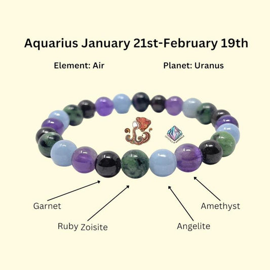 Aquarius Zodiac Sign Stone Bracelet Planet Uranus Bracelet Element Air Bracelet, Garnet, Ruby Zosite, Amethyst ,Angelite Stone Bracelet 8 mm