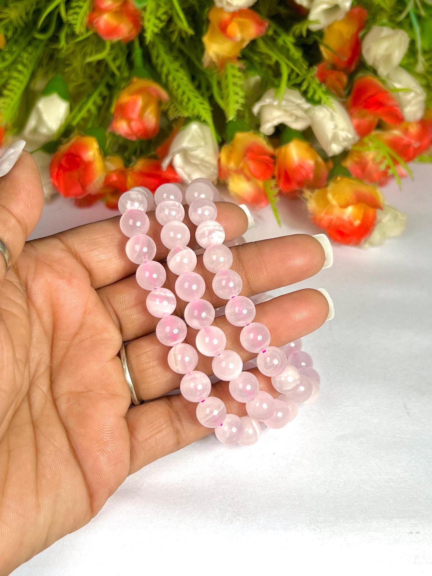 Pink Aragonite Stone Bracelet (U V Light) l Stretchable Bracelet l Unisex Bracelet l 8 MM Bracelet
