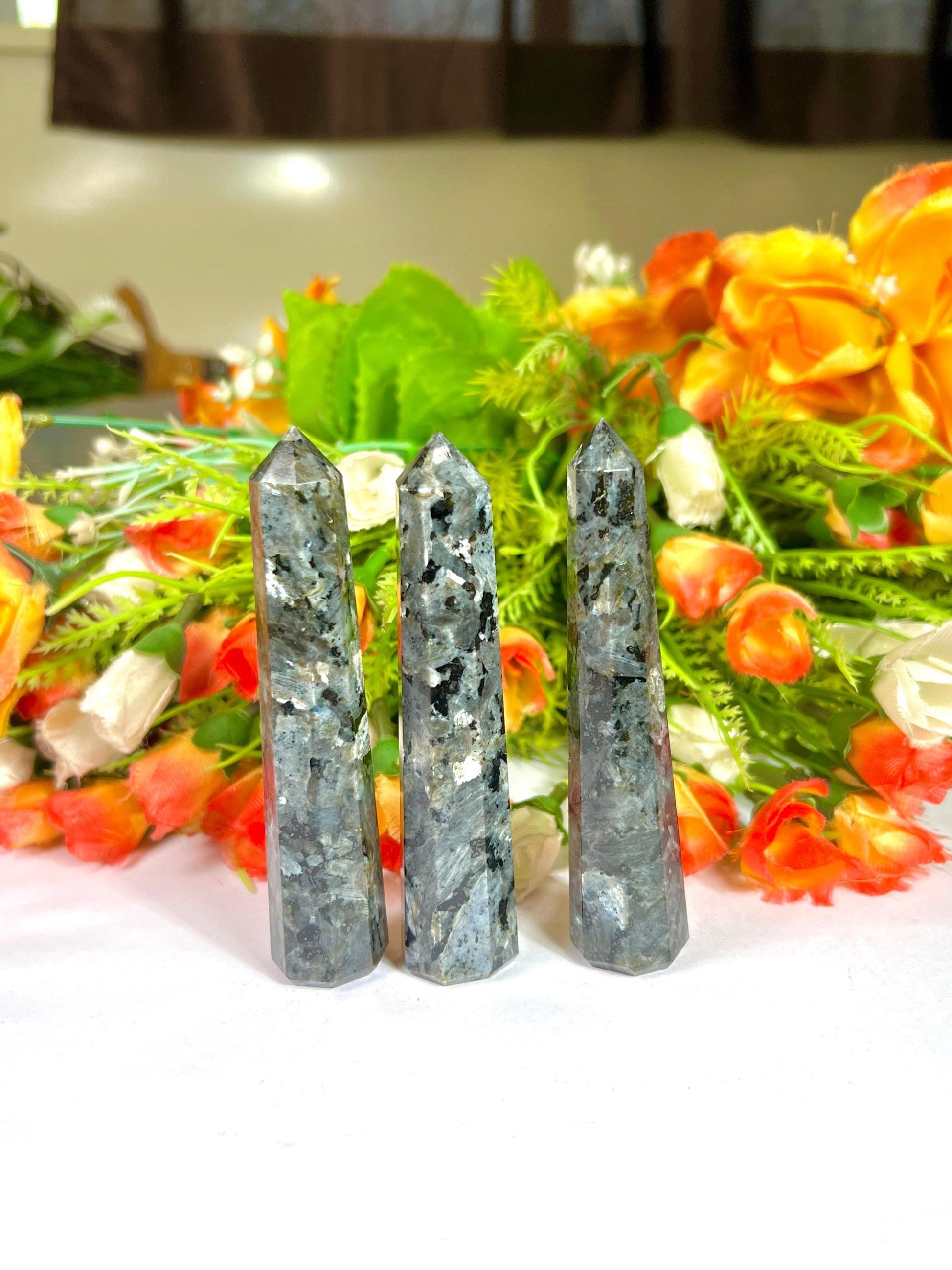 Larvikite Stone Tower Pencil Point Generator-Gemstone Pencil Crystal Tower Wand Stone Obelisk -Home Car Decor Decoration 3" To 4"