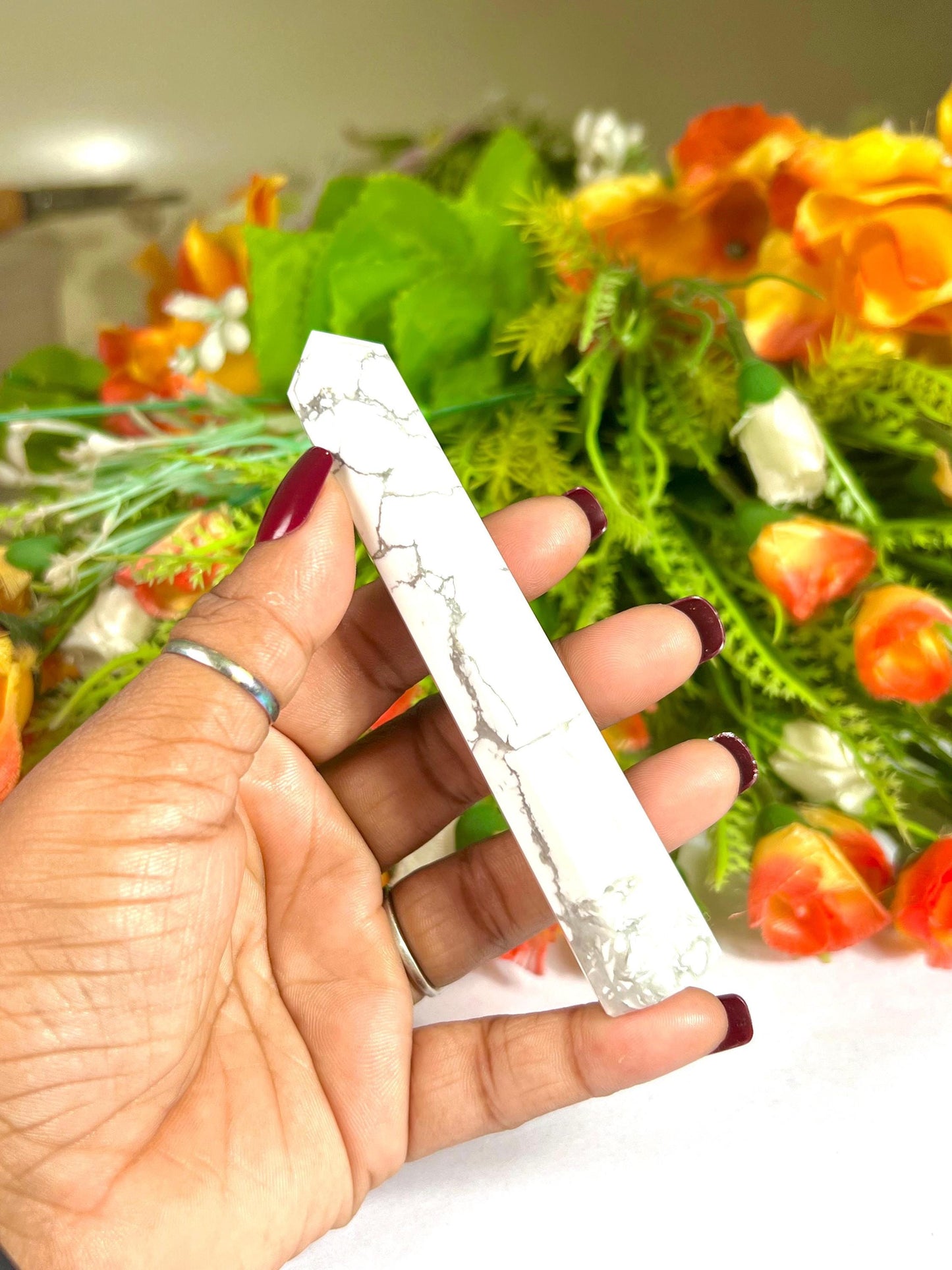 Howlite Stone Tower Pencil Point Generator-Gemstone Pencil Crystal Tower Wand Stone Obelisk -Home Car Decor Decoration 3" To 4"