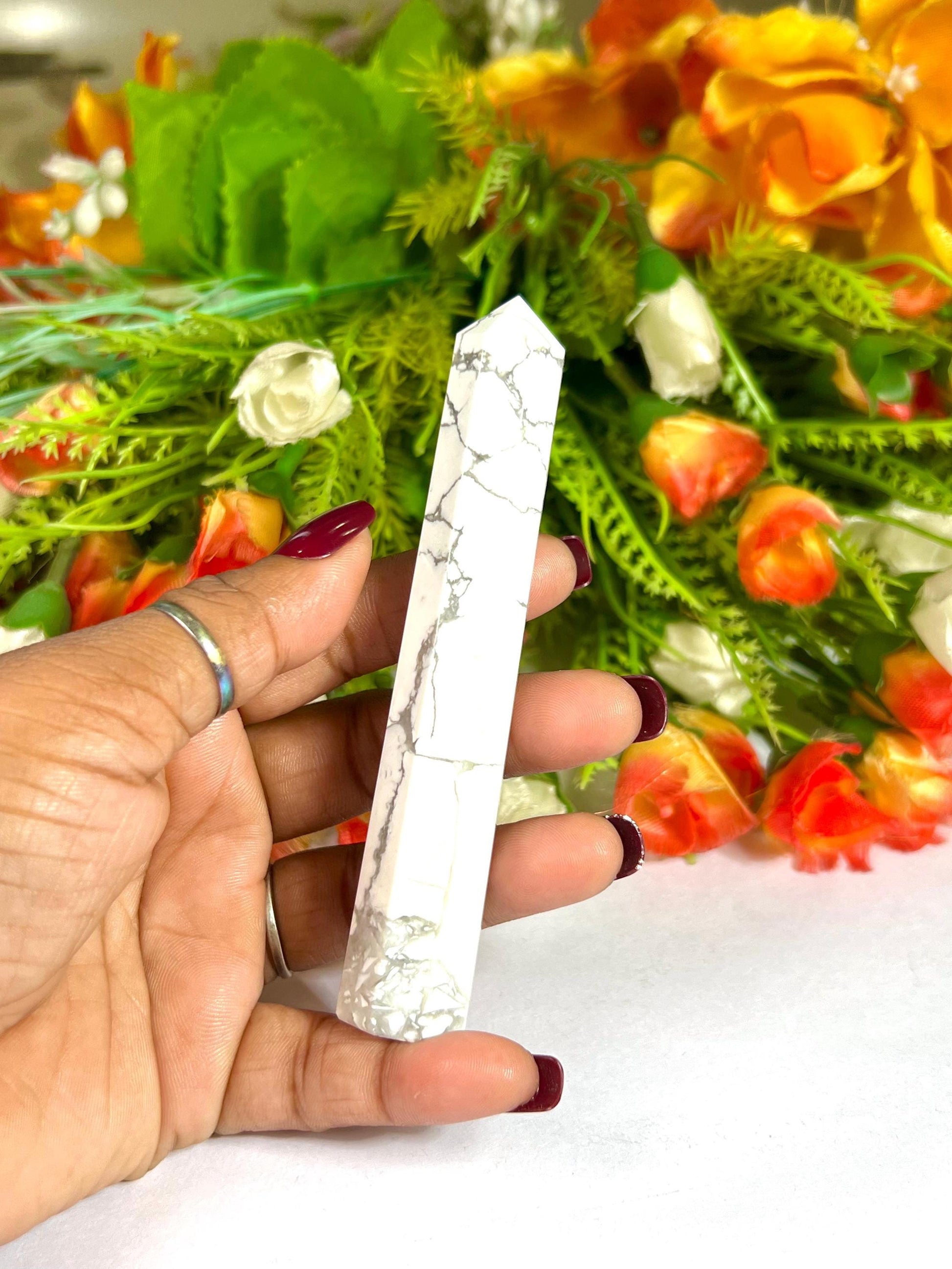 Howlite Stone Tower Pencil Point Generator-Gemstone Pencil Crystal Tower Wand Stone Obelisk -Home Car Decor Decoration 3" To 4"