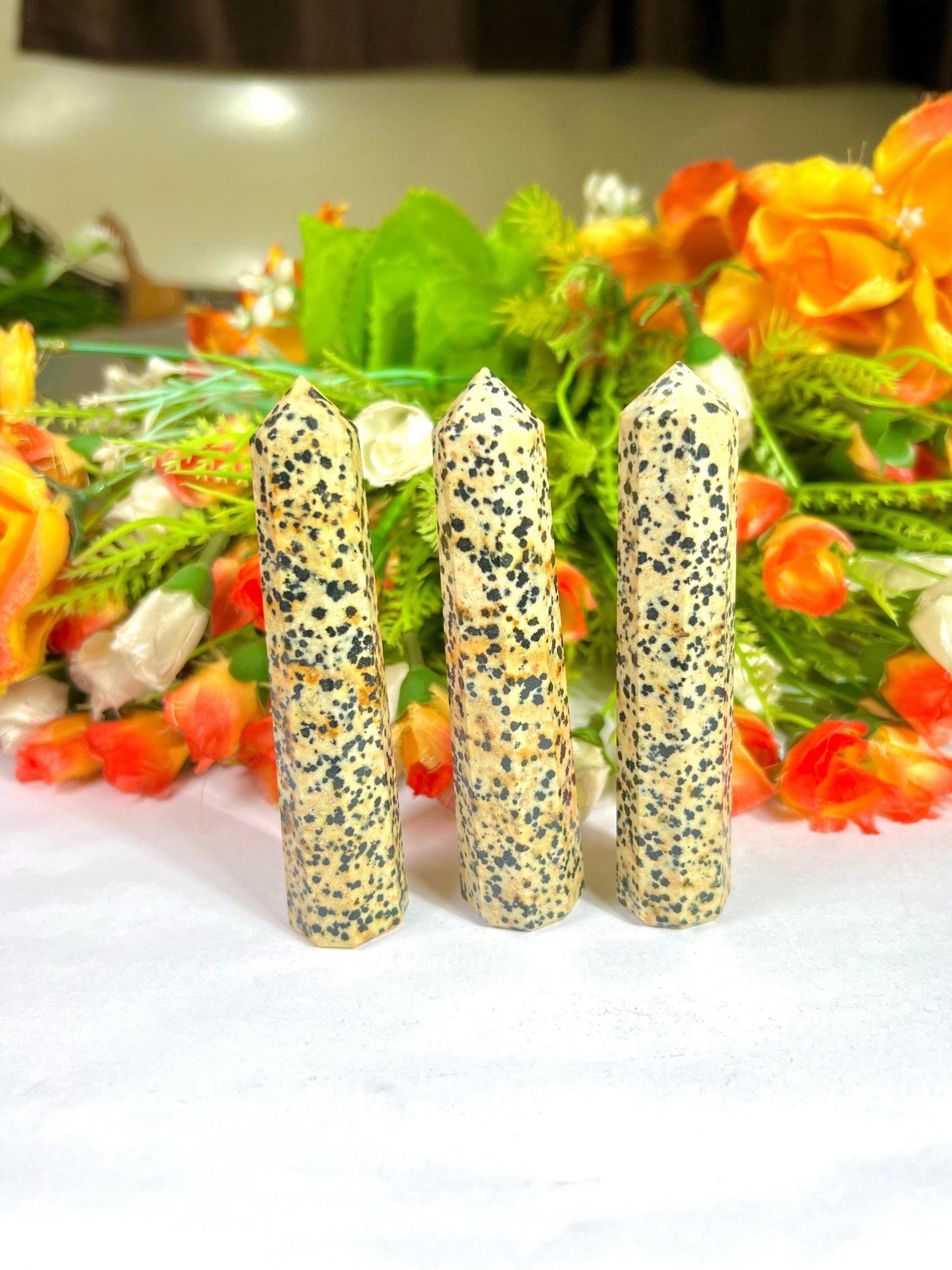 Dalmatian Jasper Stone Tower Pencil Point Generator-Gemstone Pencil Crystal Tower Wand Stone Obelisk -Home Car Decor Decoration 3" To 4"
