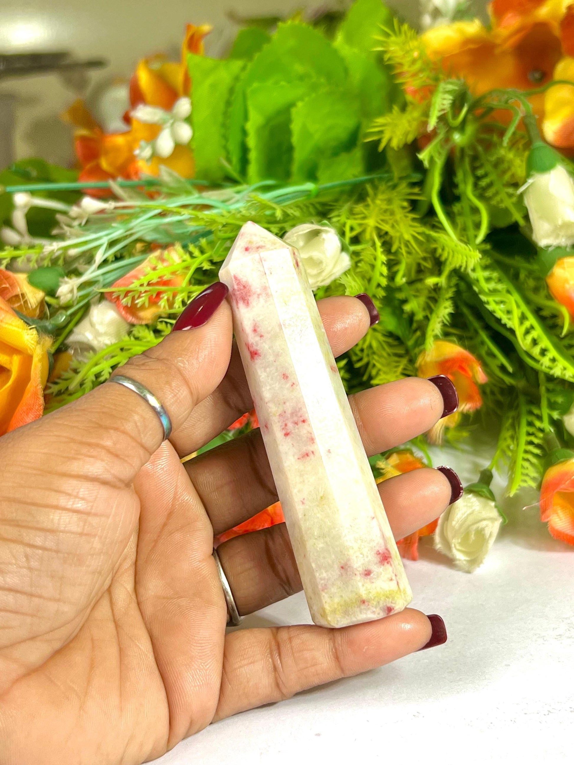Cinnabar Stone Tower Pencil Point Generator-Gemstone Pencil Crystal Tower Wand Stone Obelisk -Home Car Decor Decoration 3" To 4"