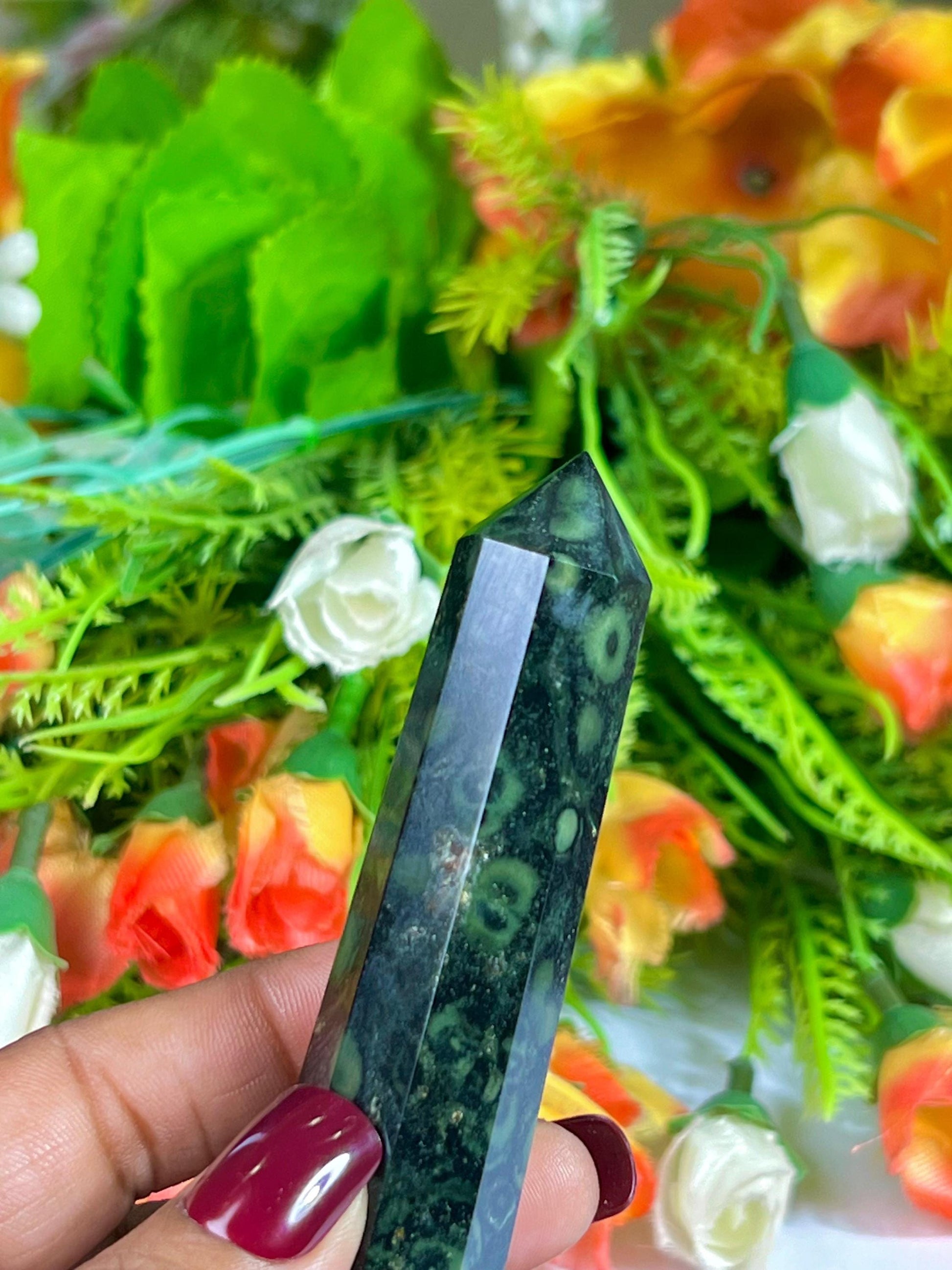 Kambaba Jasper Stone Tower Pencil Point Generator-Gemstone Pencil Crystal Tower Wand Stone Obelisk -Home Car Decor Decoration 3" To 4"