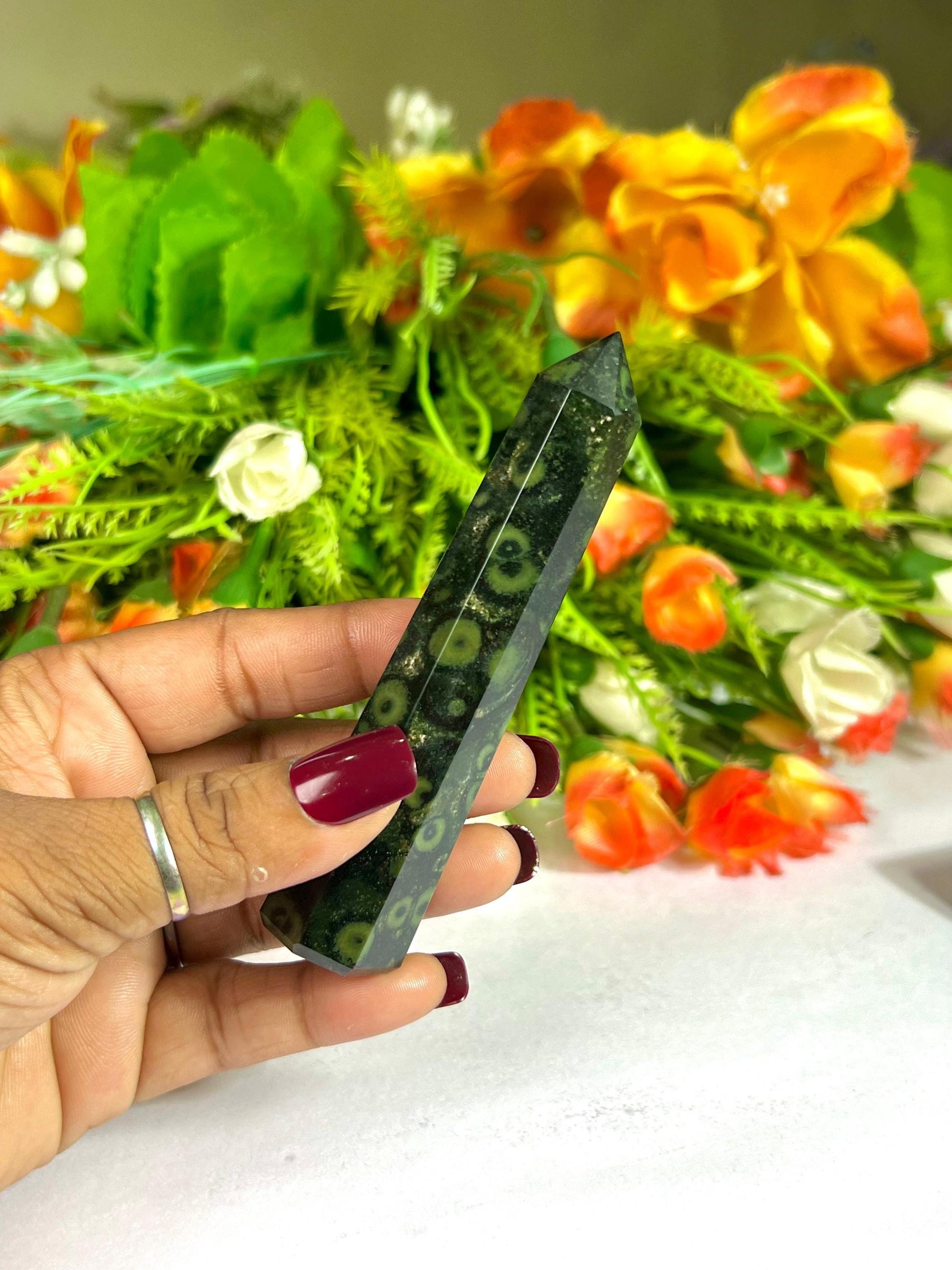 Kambaba Jasper Stone Tower Pencil Point Generator-Gemstone Pencil Crystal Tower Wand Stone Obelisk -Home Car Decor Decoration 3" To 4"