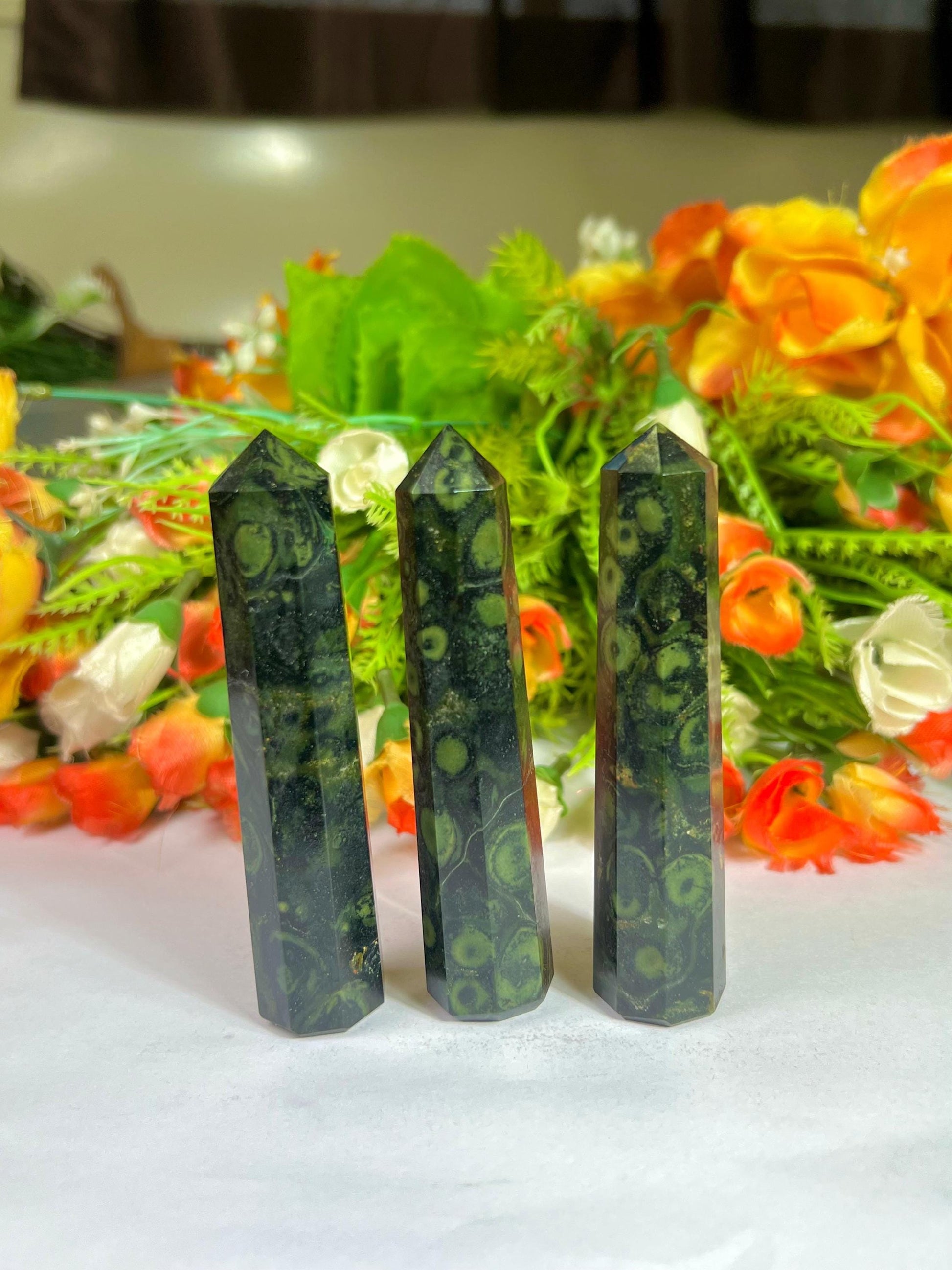 Kambaba Jasper Stone Tower Pencil Point Generator-Gemstone Pencil Crystal Tower Wand Stone Obelisk -Home Car Decor Decoration 3" To 4"