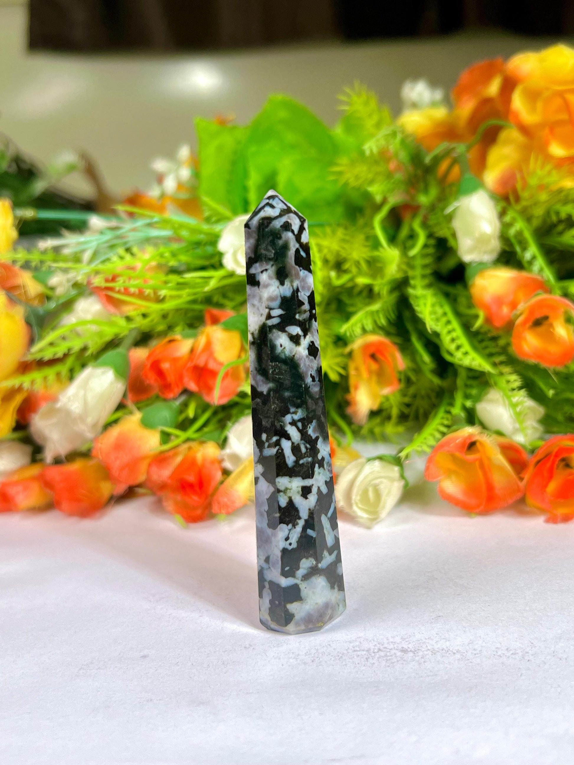 Indigo Gabbro/Merlinite Stone Tower Pencil Point Generator-Gemstone Pencil Crystal Tower Wand Stone Obelisk-Home Car Decor Decoration 3"To4"