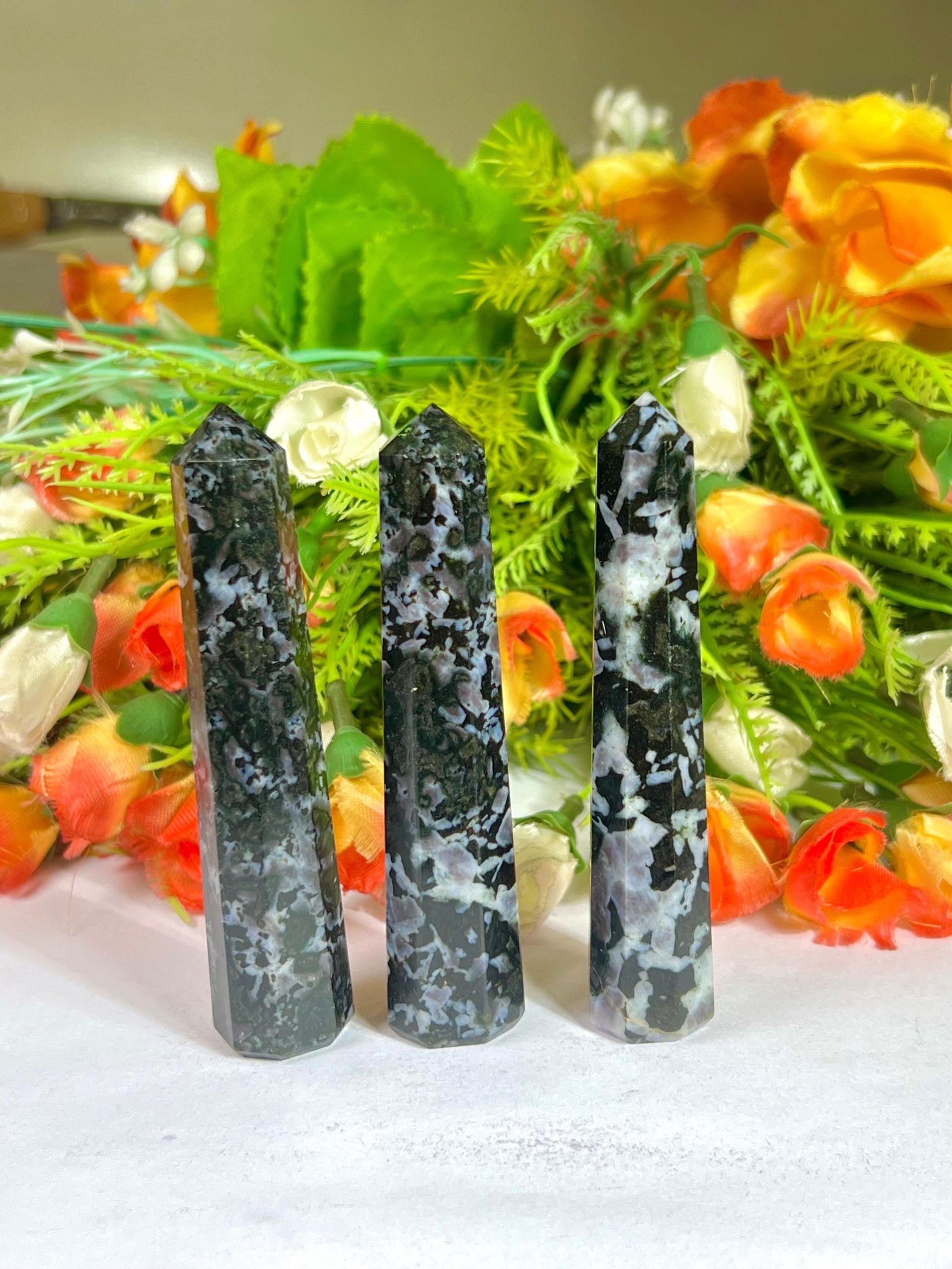 Indigo Gabbro/Merlinite Stone Tower Pencil Point Generator-Gemstone Pencil Crystal Tower Wand Stone Obelisk-Home Car Decor Decoration 3"To4"