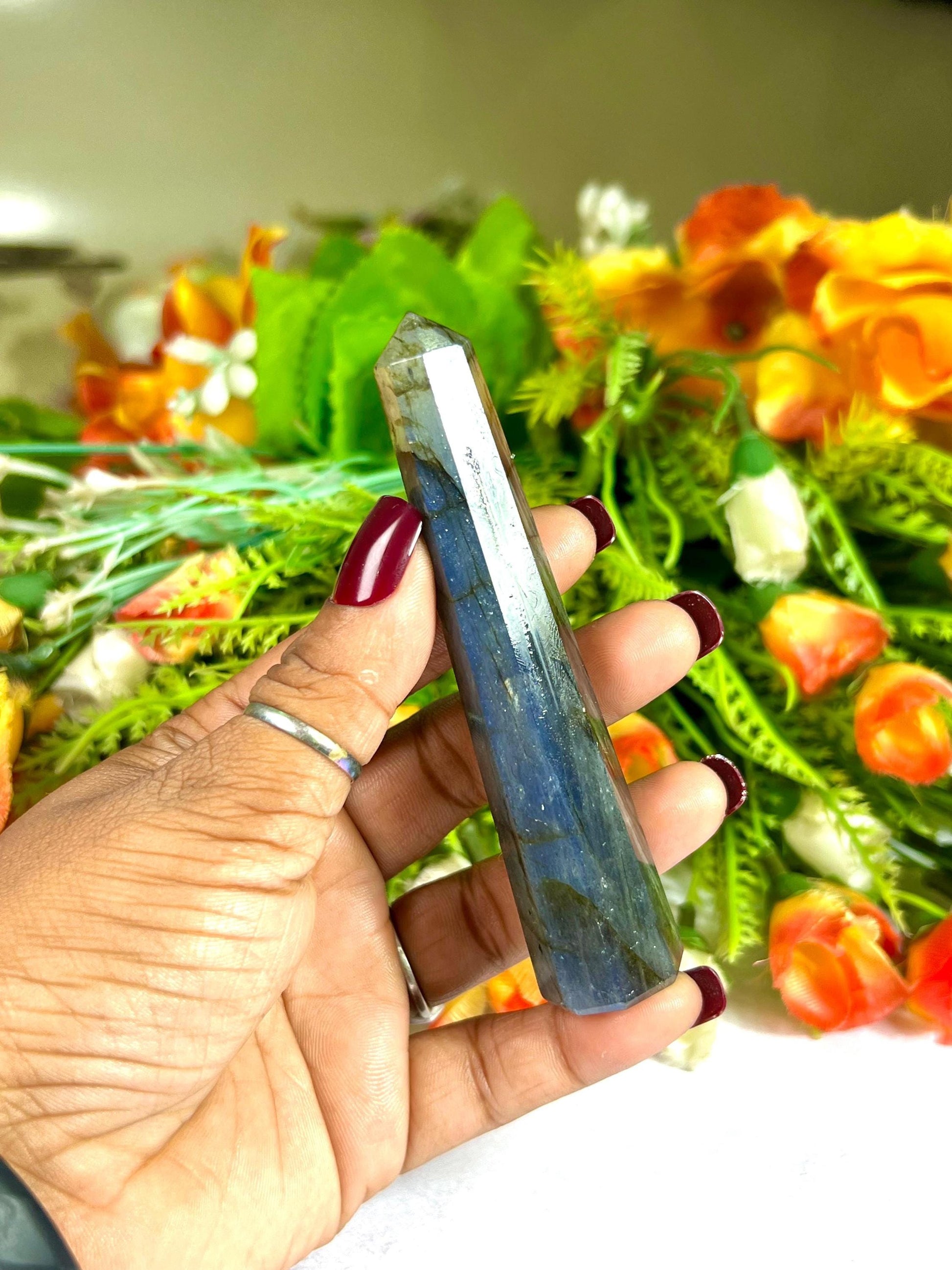 Labradorite Stone Tower Pencil Point Generator-Gemstone Pencil Crystal Tower Wand Stone Obelisk -Home Car Decor Decoration 3" To 4"