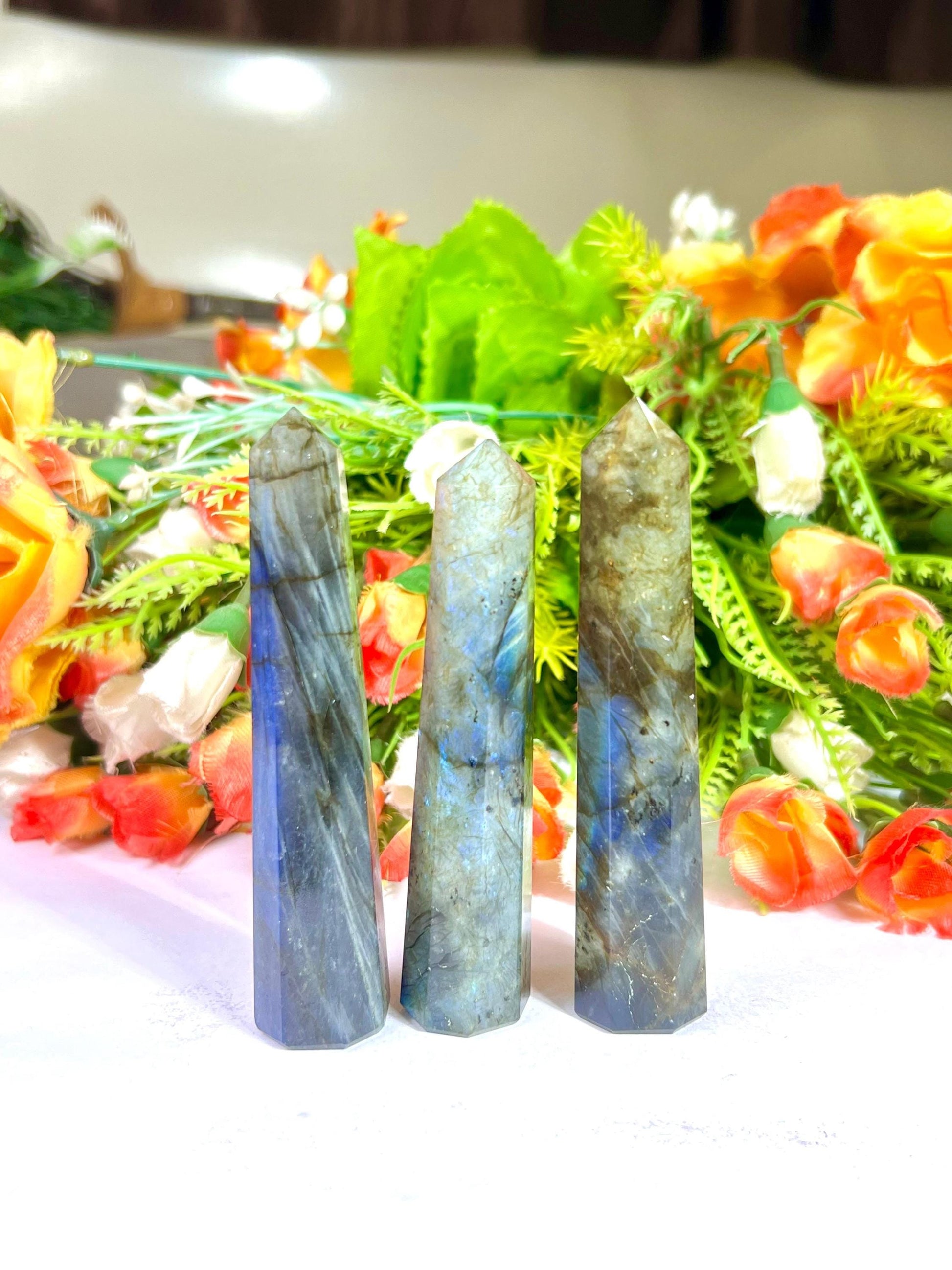 Labradorite Stone Tower Pencil Point Generator-Gemstone Pencil Crystal Tower Wand Stone Obelisk -Home Car Decor Decoration 3" To 4"
