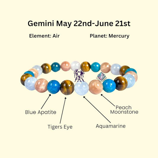 Gemini Zodiac Sign Stone Bracelet Planet Mercury Element Air Bracelet, B Apatite, Tiger Eye ,Peach Moonstone, Aquamarine Stone Bracelet 8 mm
