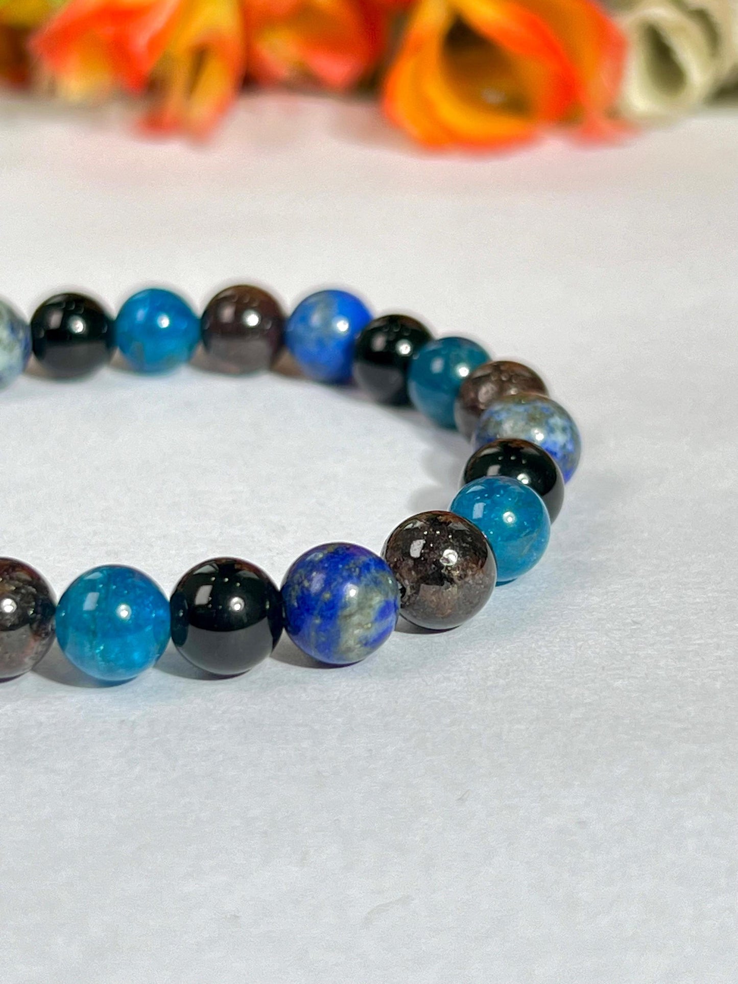 Capricorn Zodiac Sign Stone Bracelet Planet Saturn Element Earth Bracelet, Garnet, Lapis Lazuli, R Obsidian, B Apatite Bracelet 8 mm