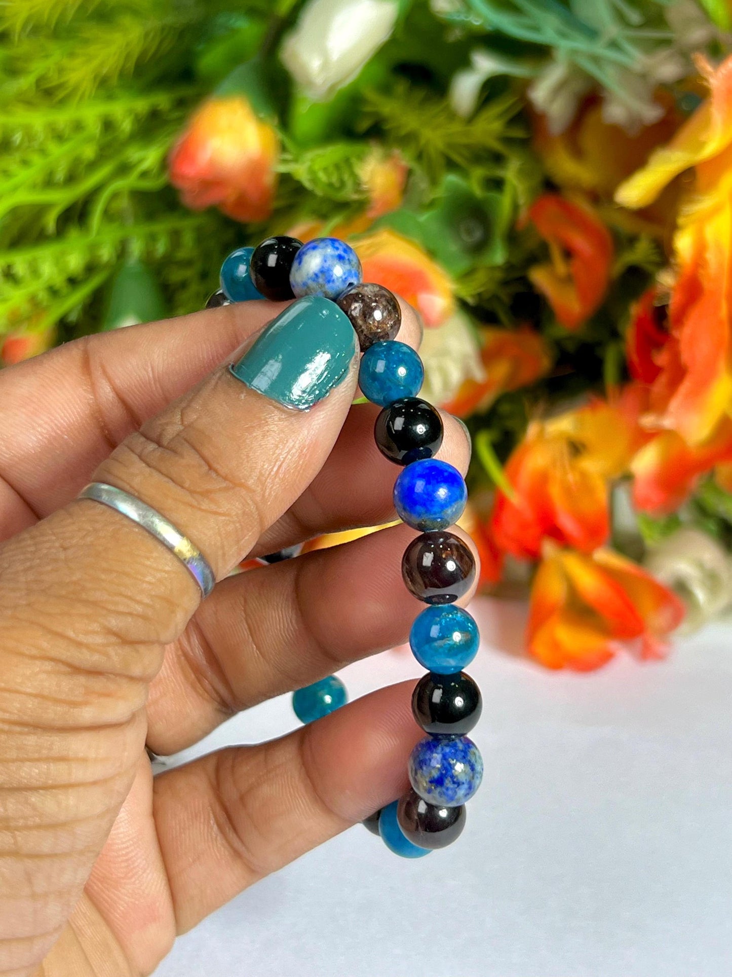 Capricorn Zodiac Sign Stone Bracelet Planet Saturn Element Earth Bracelet, Garnet, Lapis Lazuli, R Obsidian, B Apatite Bracelet 8 mm