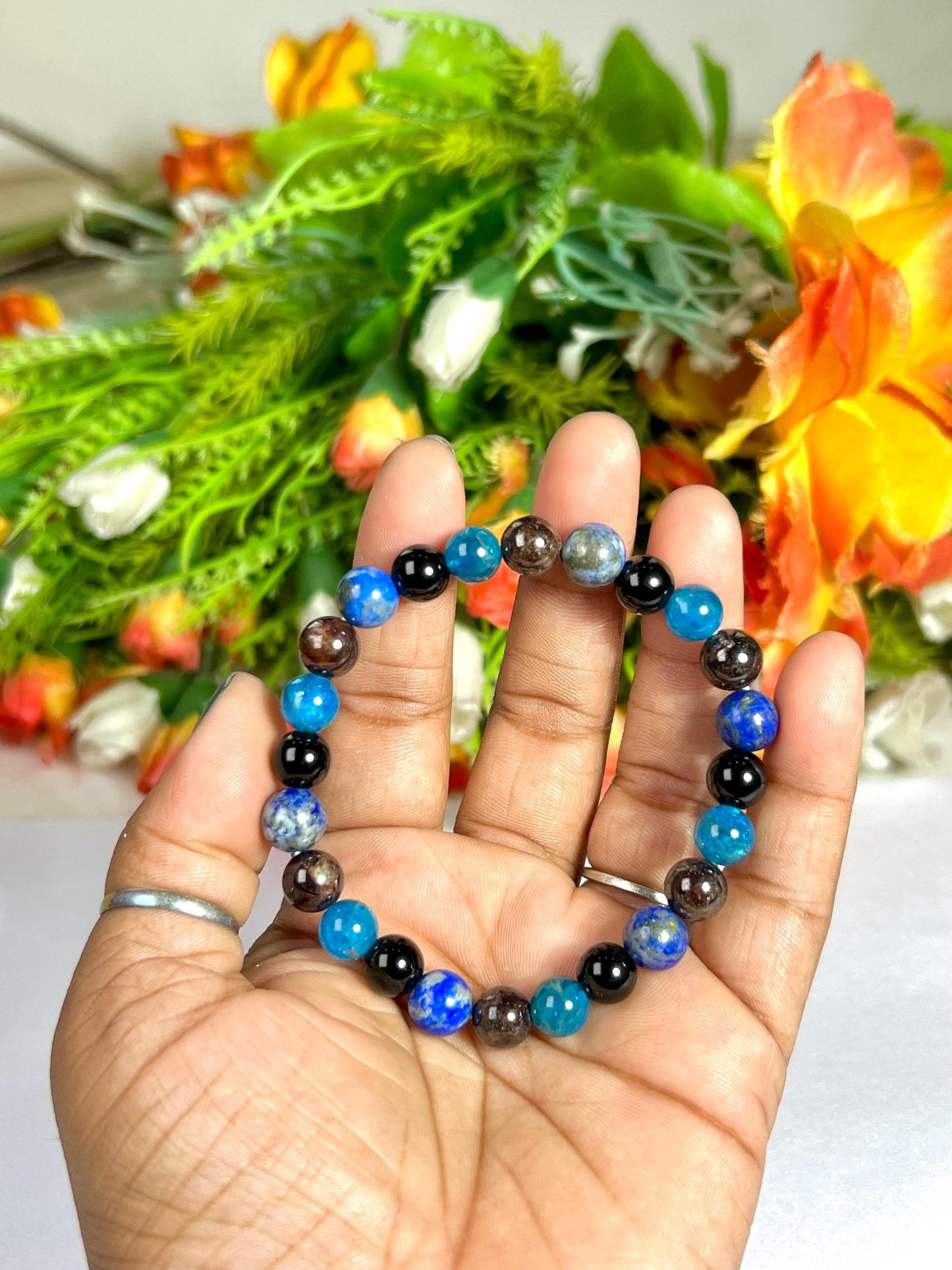 Capricorn Zodiac Sign Stone Bracelet Planet Saturn Element Earth Bracelet, Garnet, Lapis Lazuli, R Obsidian, B Apatite Bracelet 8 mm