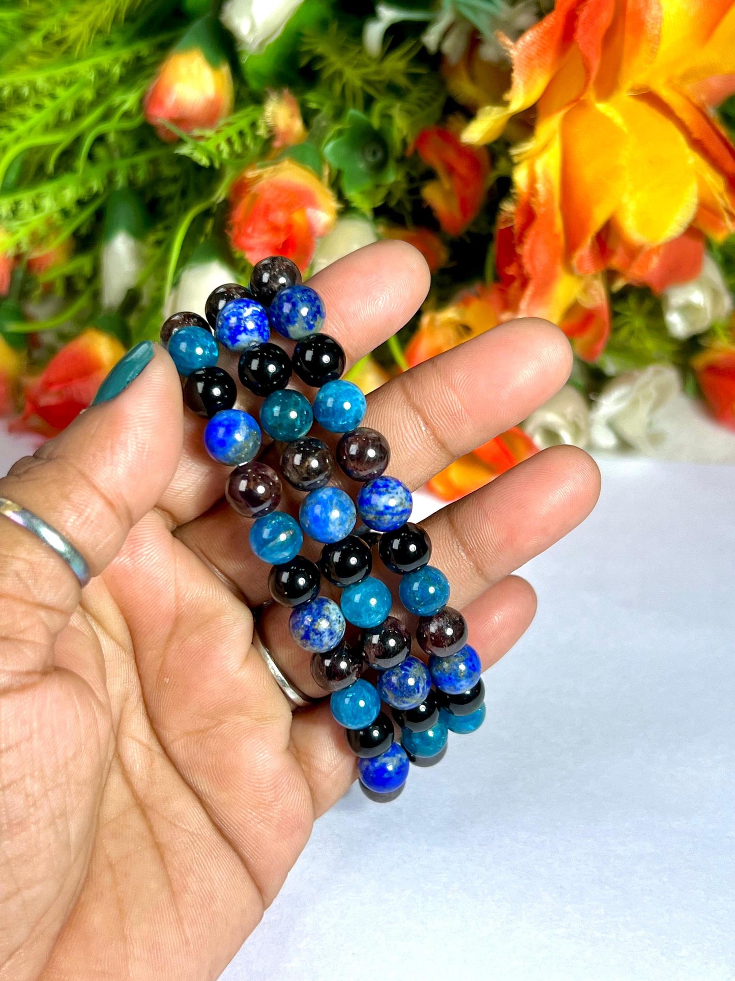 Capricorn Zodiac Sign Stone Bracelet Planet Saturn Element Earth Bracelet, Garnet, Lapis Lazuli, R Obsidian, B Apatite Bracelet 8 mm