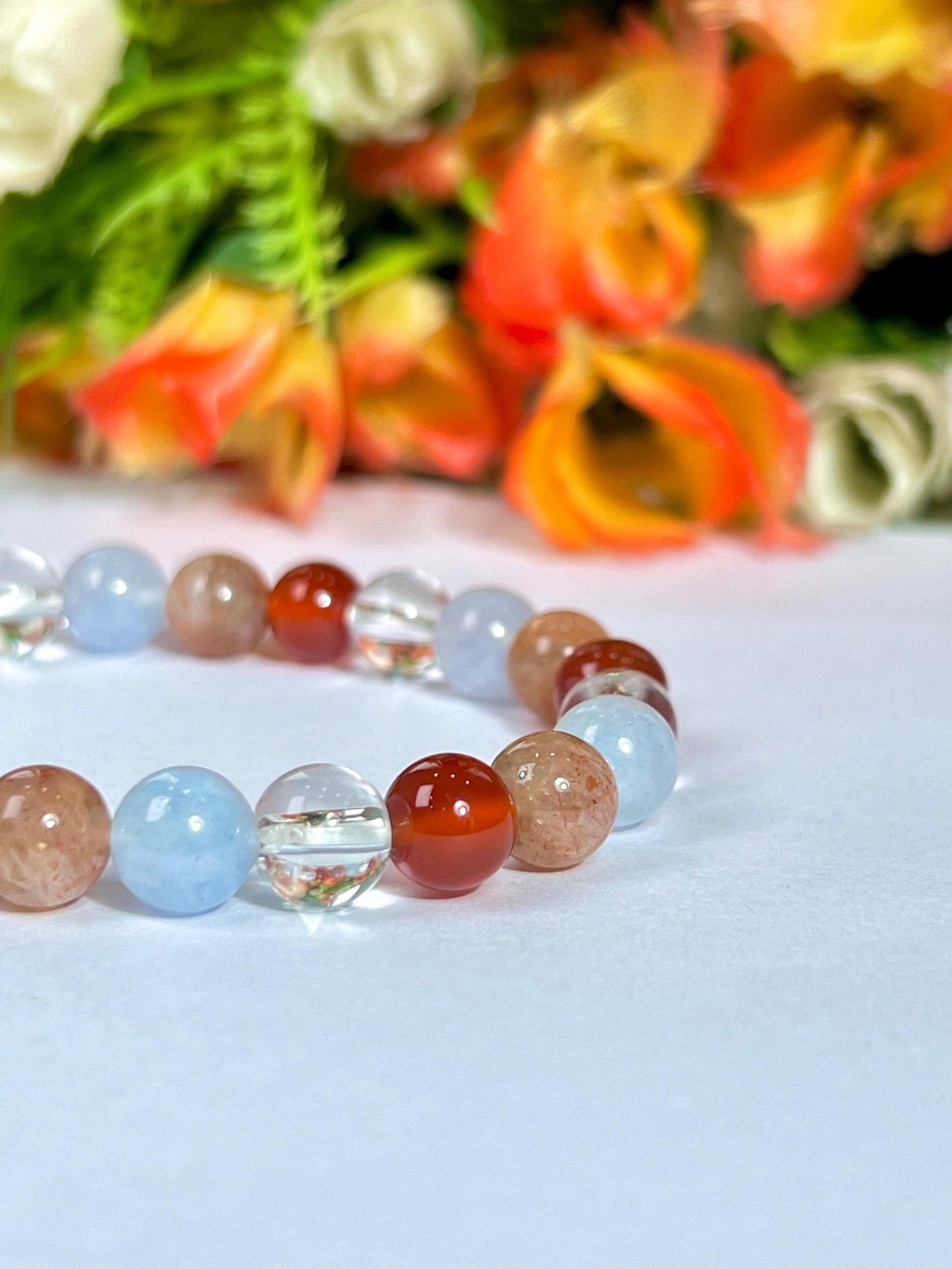 Aries Zodiac Sign Stone Bracelet Planet Mars Bracelet Element Fire Bracelet Himalaya Crystal ,Aquamarine ,Carnelian ,Sunstone,Bracelet 8 mm