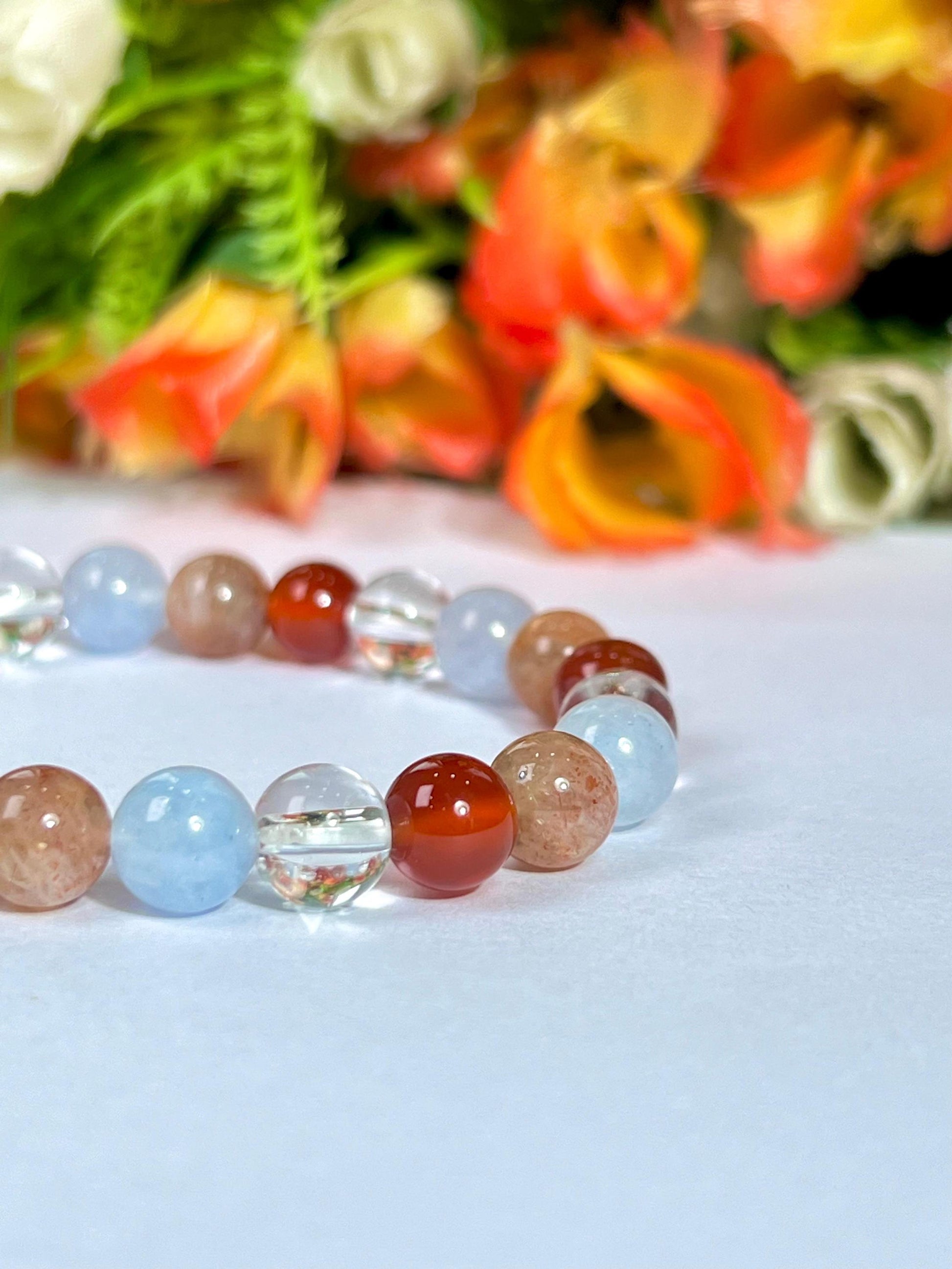 Aries Zodiac Sign Stone Bracelet Planet Mars Bracelet Element Fire Bracelet Himalaya Crystal ,Aquamarine ,Carnelian ,Sunstone,Bracelet 8 mm