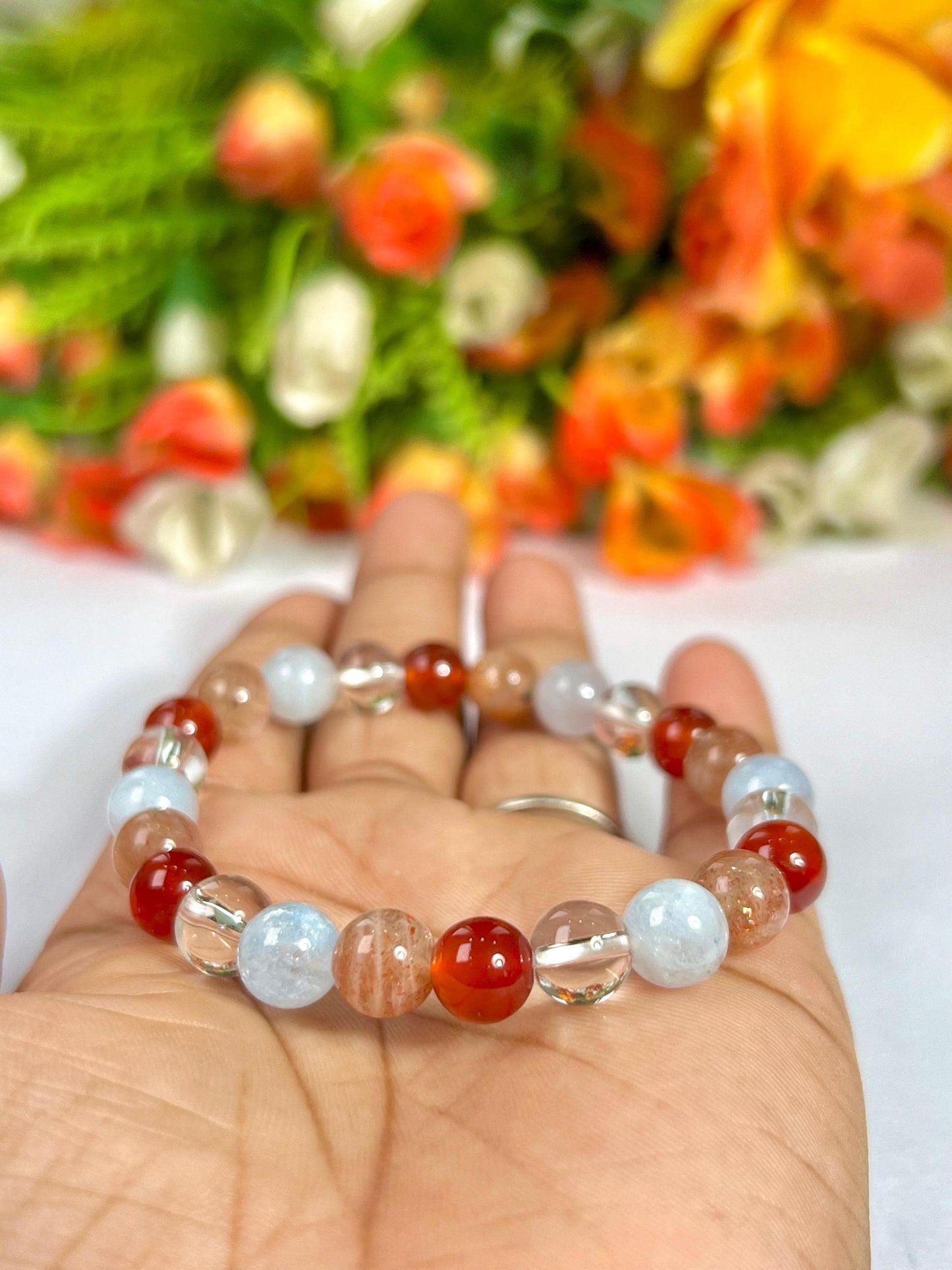 Aries Zodiac Sign Stone Bracelet Planet Mars Bracelet Element Fire Bracelet Himalaya Crystal ,Aquamarine ,Carnelian ,Sunstone,Bracelet 8 mm