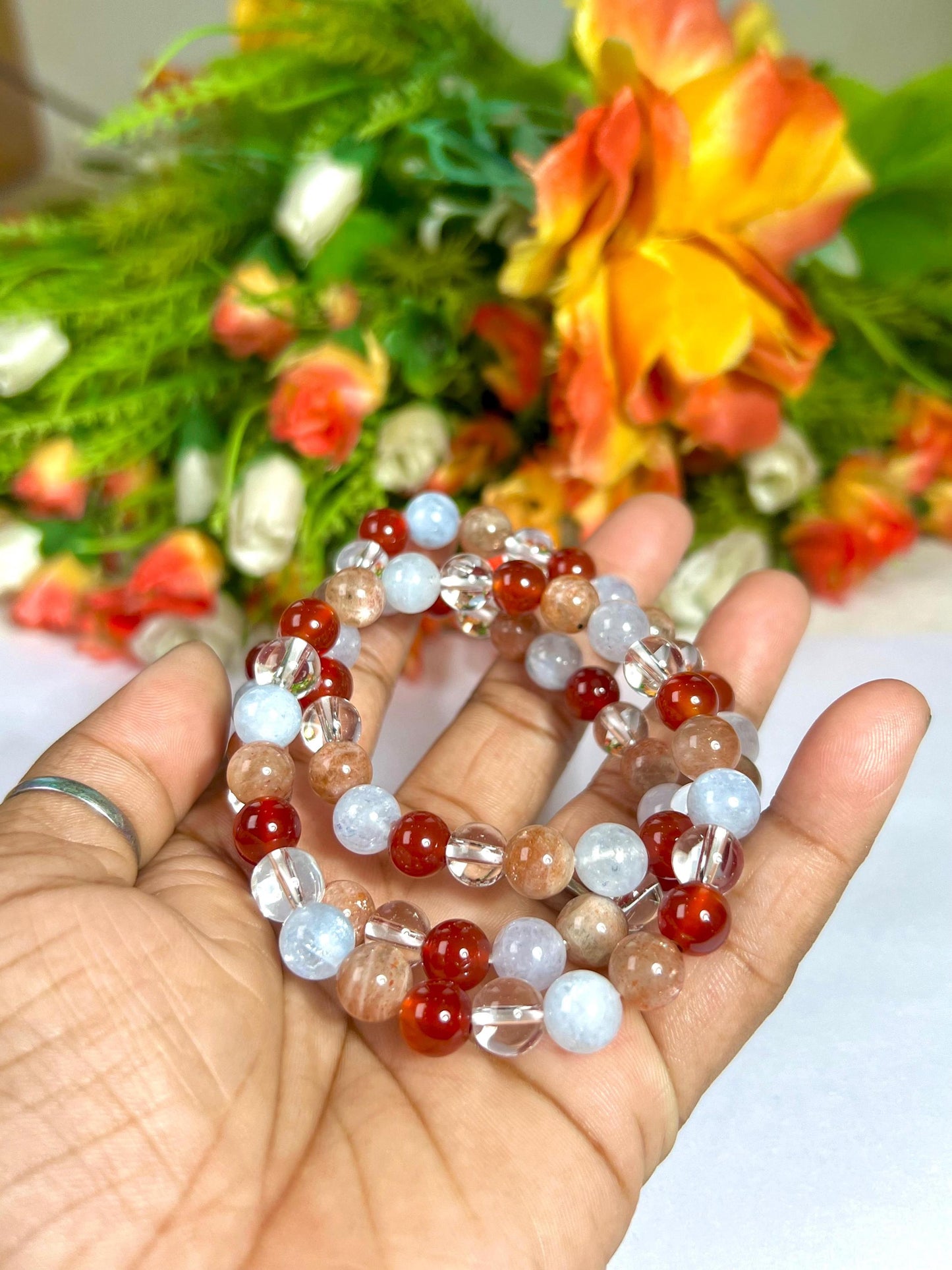 Aries Zodiac Sign Stone Bracelet Planet Mars Bracelet Element Fire Bracelet Himalaya Crystal ,Aquamarine ,Carnelian ,Sunstone,Bracelet 8 mm