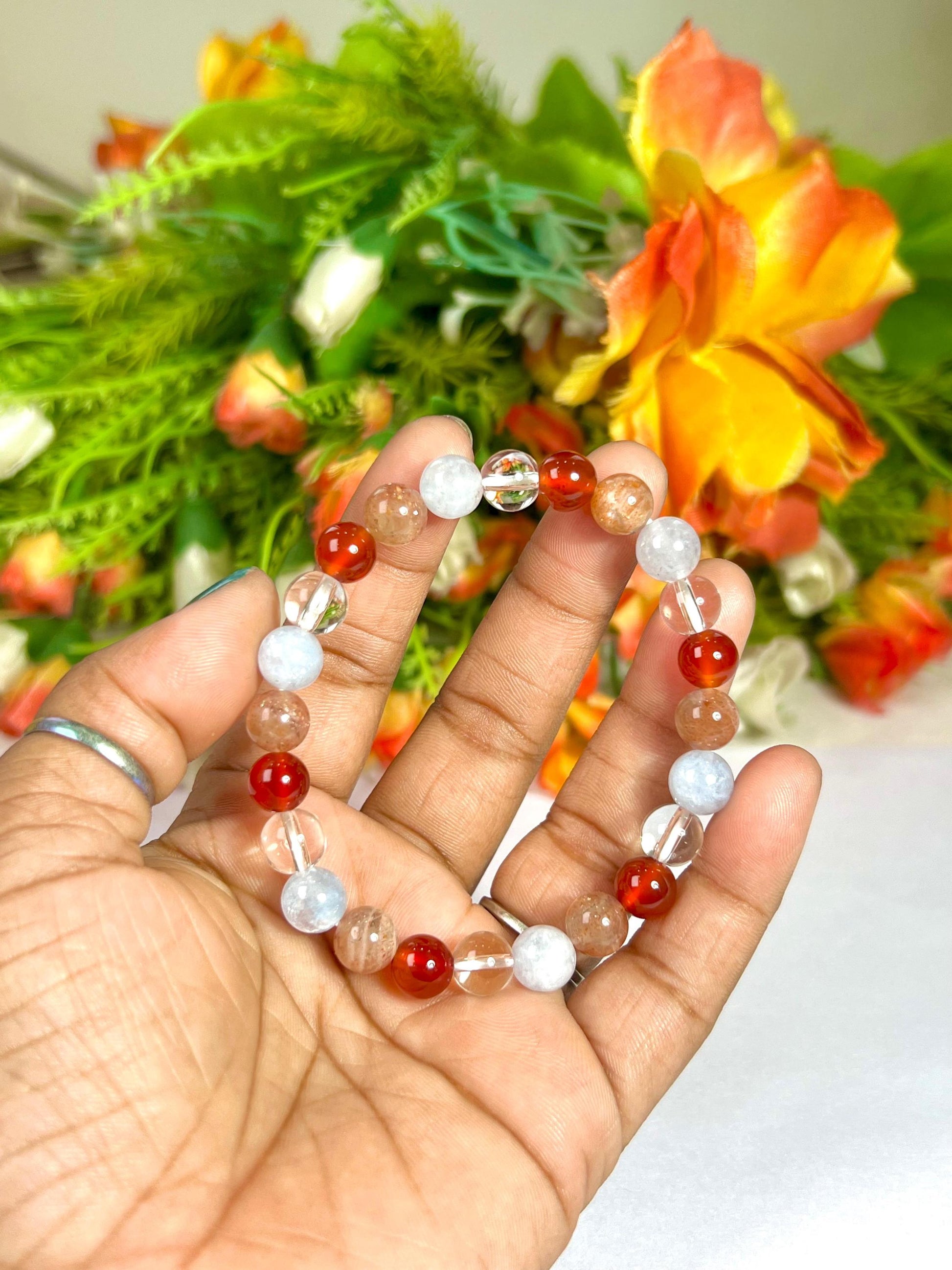 Aries Zodiac Sign Stone Bracelet Planet Mars Bracelet Element Fire Bracelet Himalaya Crystal ,Aquamarine ,Carnelian ,Sunstone,Bracelet 8 mm