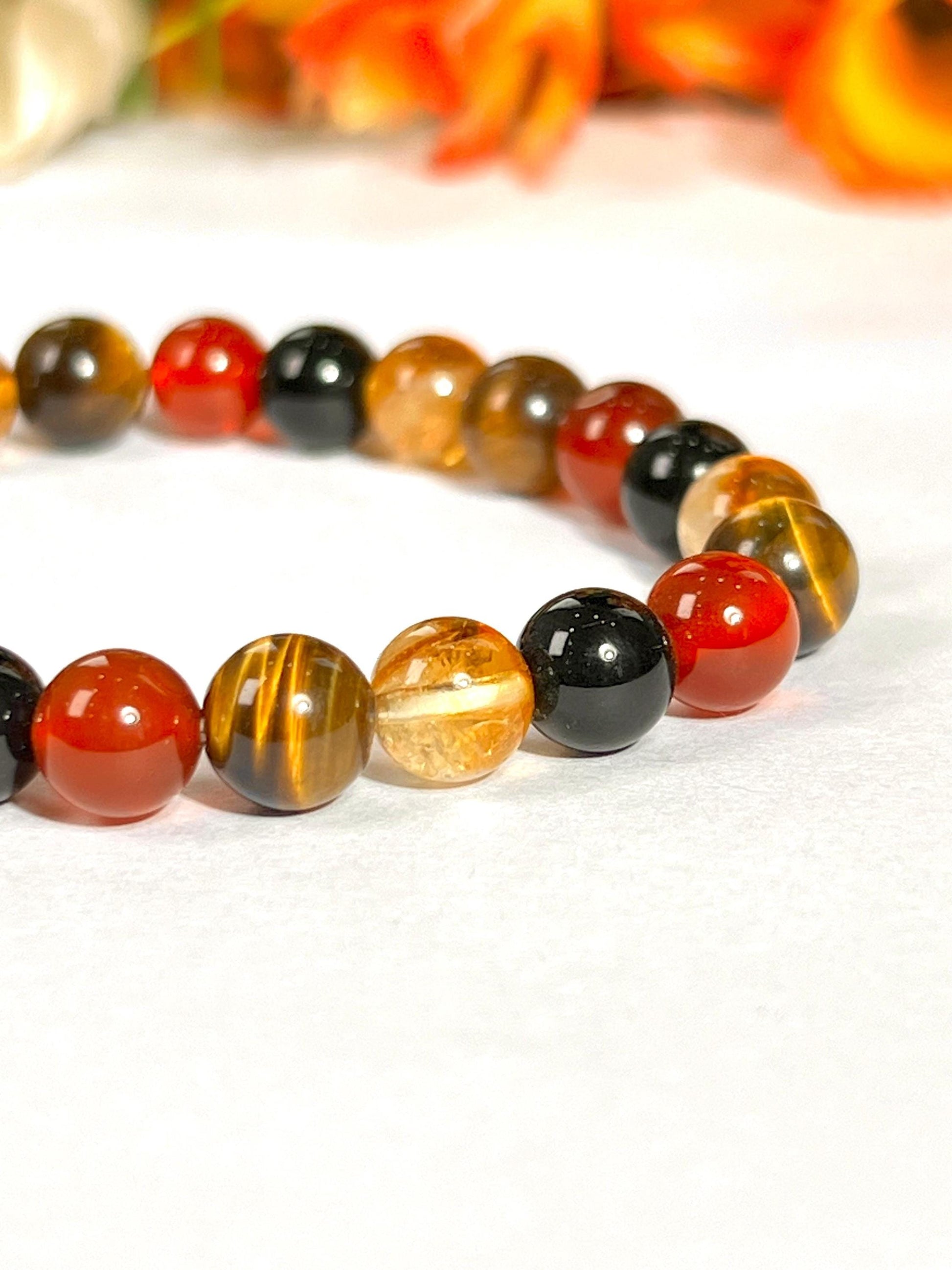 Leo Zodiac Sign Stone Bracelet Planet Sun Bracelet Element Fire Bracelet Citrine , Tiger's Eye ,Carnelian ,Rainbow Obsidian Bracelet 8 mm
